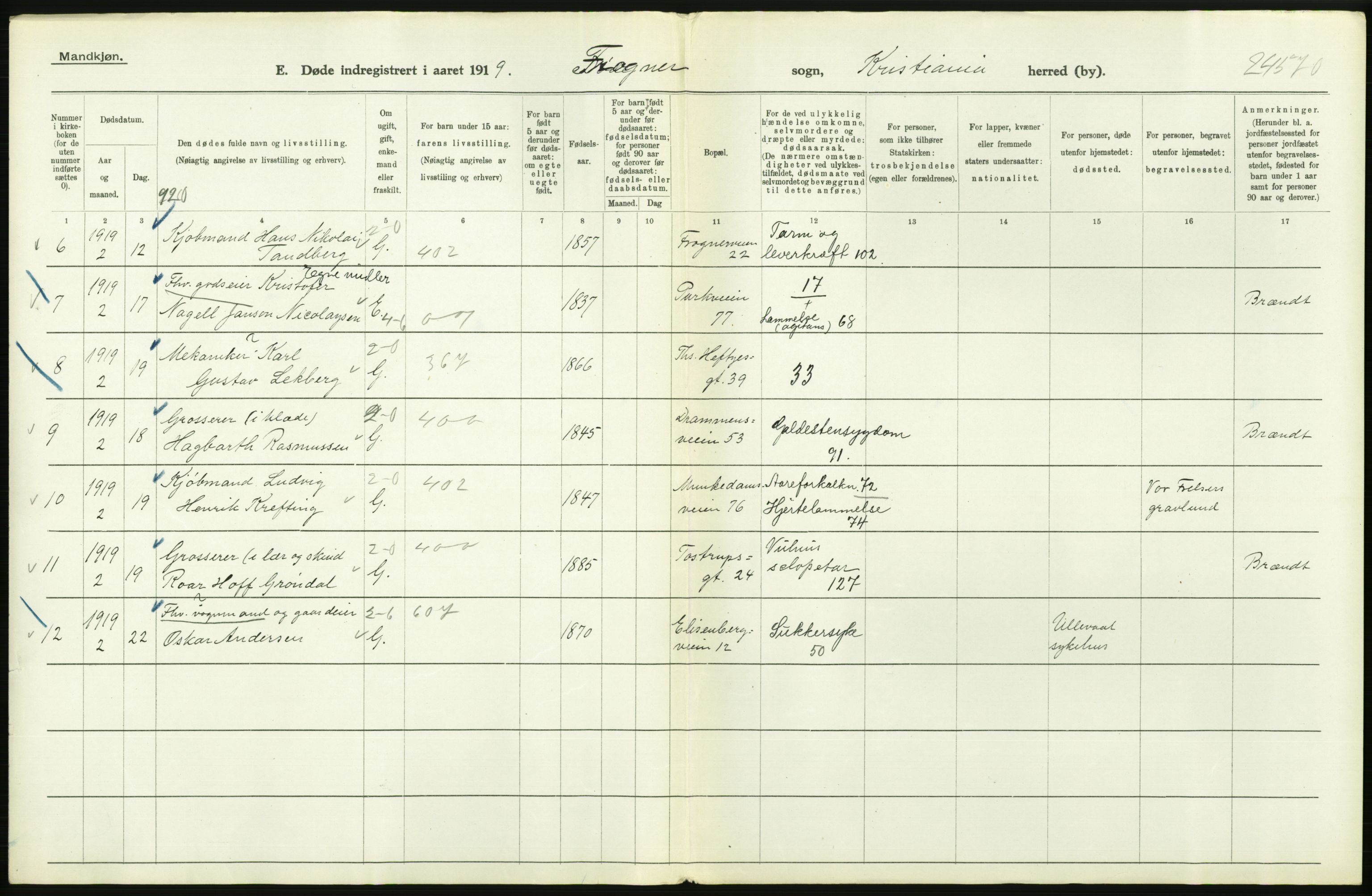 Statistisk sentralbyrå, Sosiodemografiske emner, Befolkning, AV/RA-S-2228/D/Df/Dfb/Dfbi/L0011: Kristiania: Døde, dødfødte, 1919