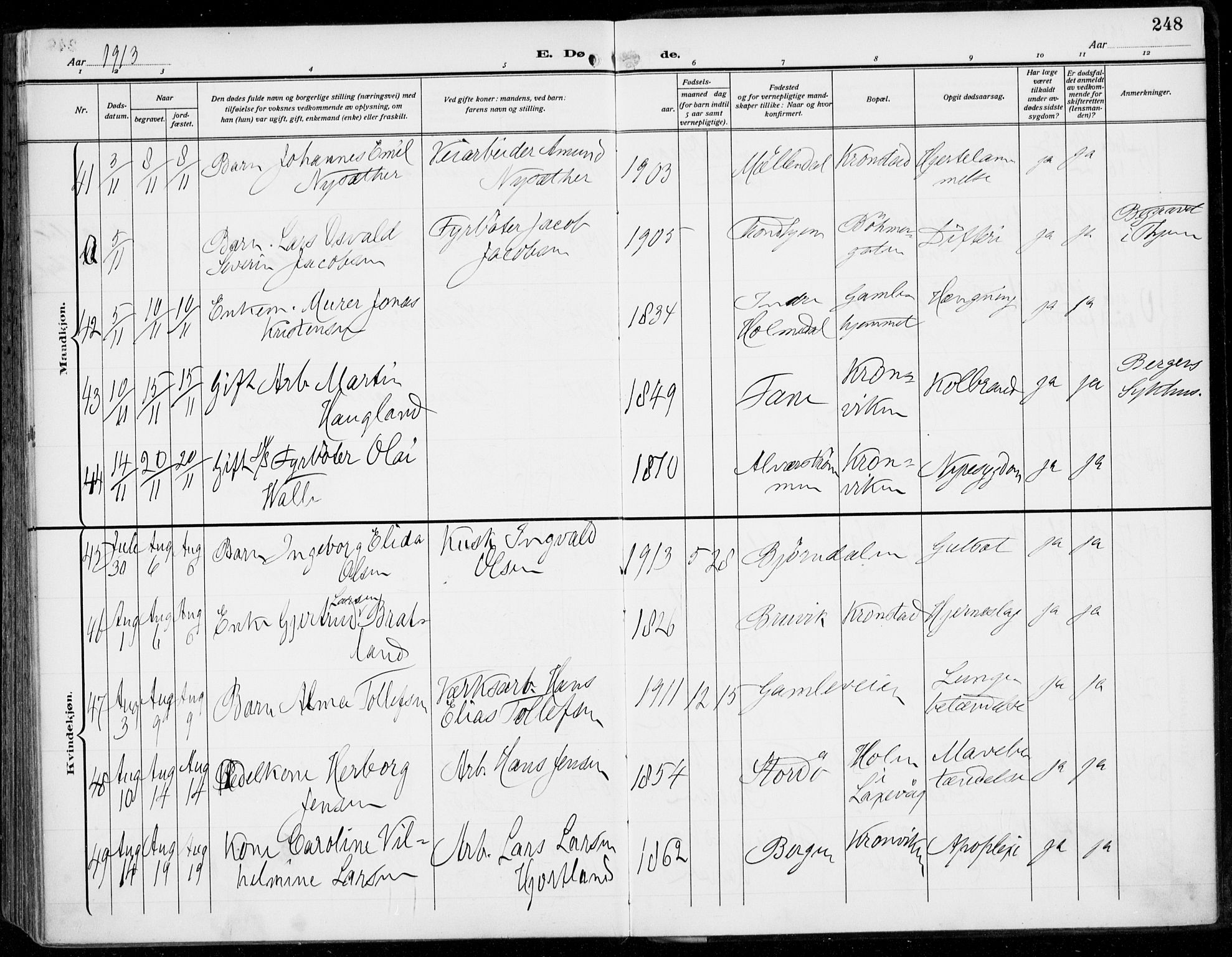 Årstad Sokneprestembete, SAB/A-79301/H/Haa/L0009: Parish register (official) no. C 1, 1902-1918, p. 248