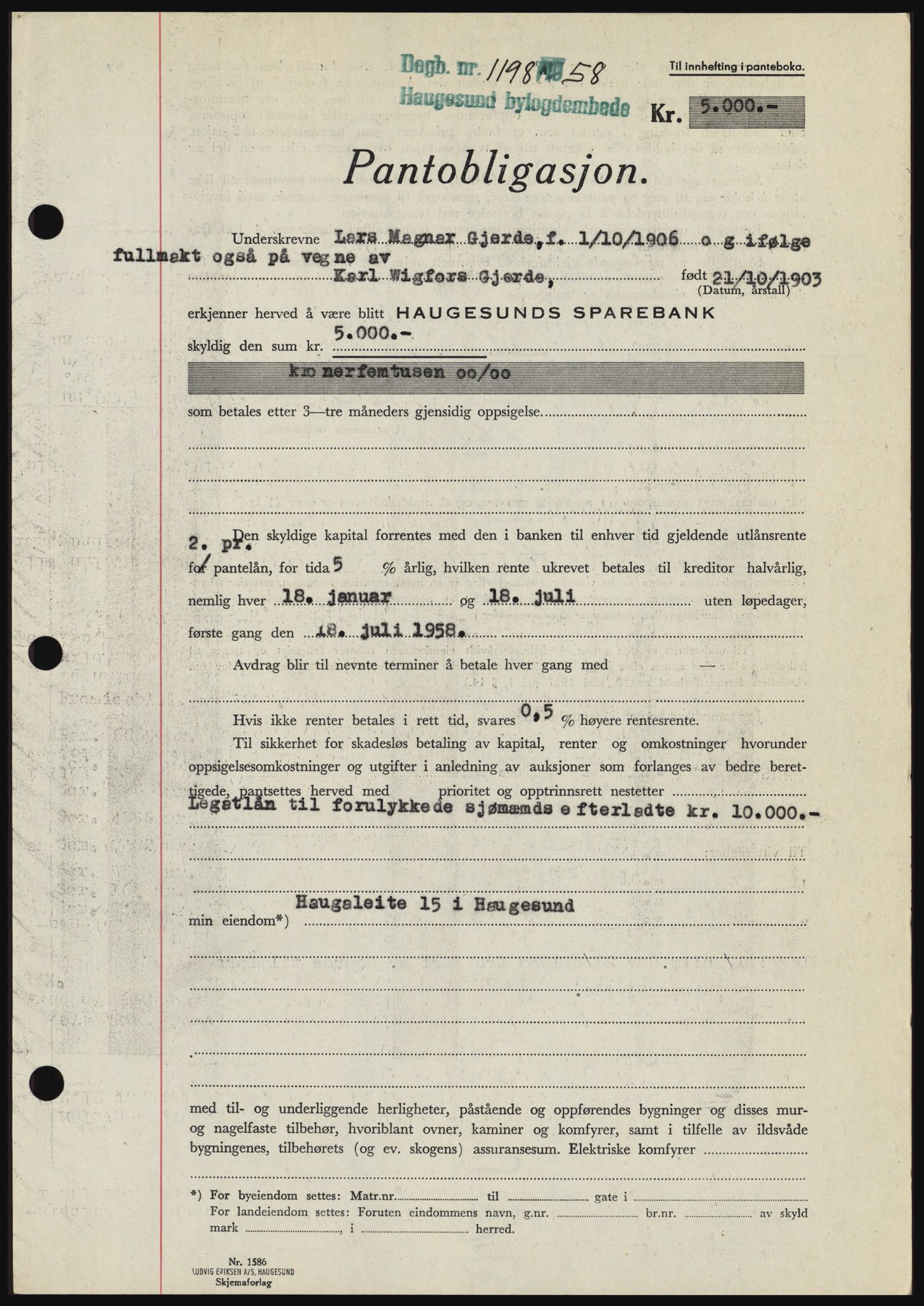 Haugesund tingrett, SAST/A-101415/01/II/IIC/L0044: Mortgage book no. B 44, 1958-1959, Diary no: : 1198/1958