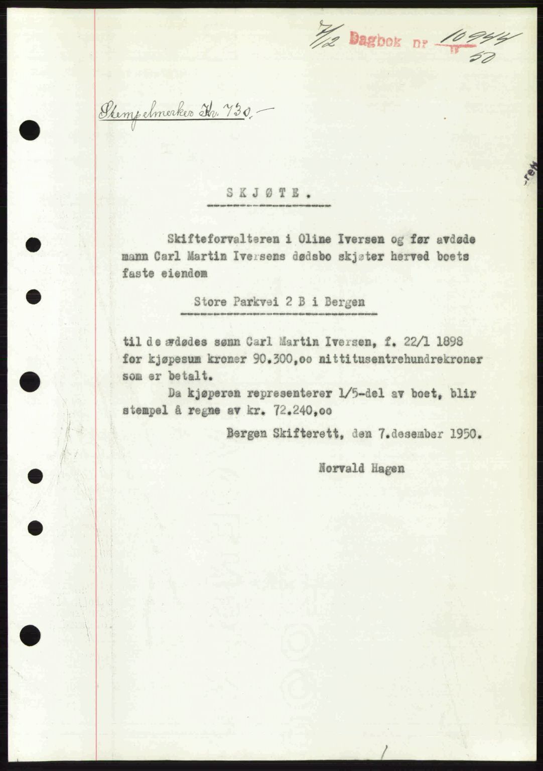 Byfogd og Byskriver i Bergen, SAB/A-3401/03/03Bc/L0034: Mortgage book no. A27-28, 1950-1950, Diary no: : 10944/1950