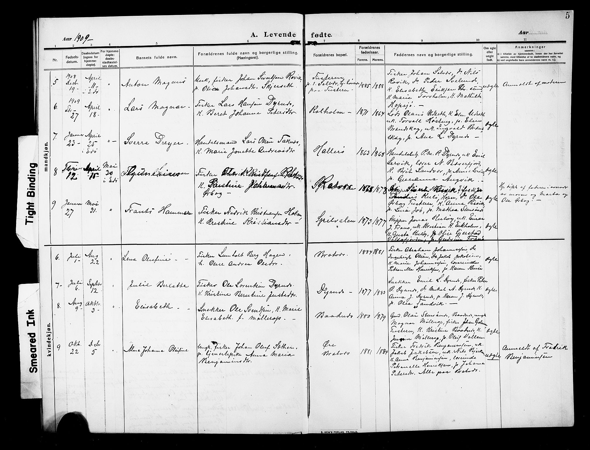 Ministerialprotokoller, klokkerbøker og fødselsregistre - Møre og Romsdal, AV/SAT-A-1454/582/L0949: Parish register (copy) no. 582C01, 1909-1925, p. 5