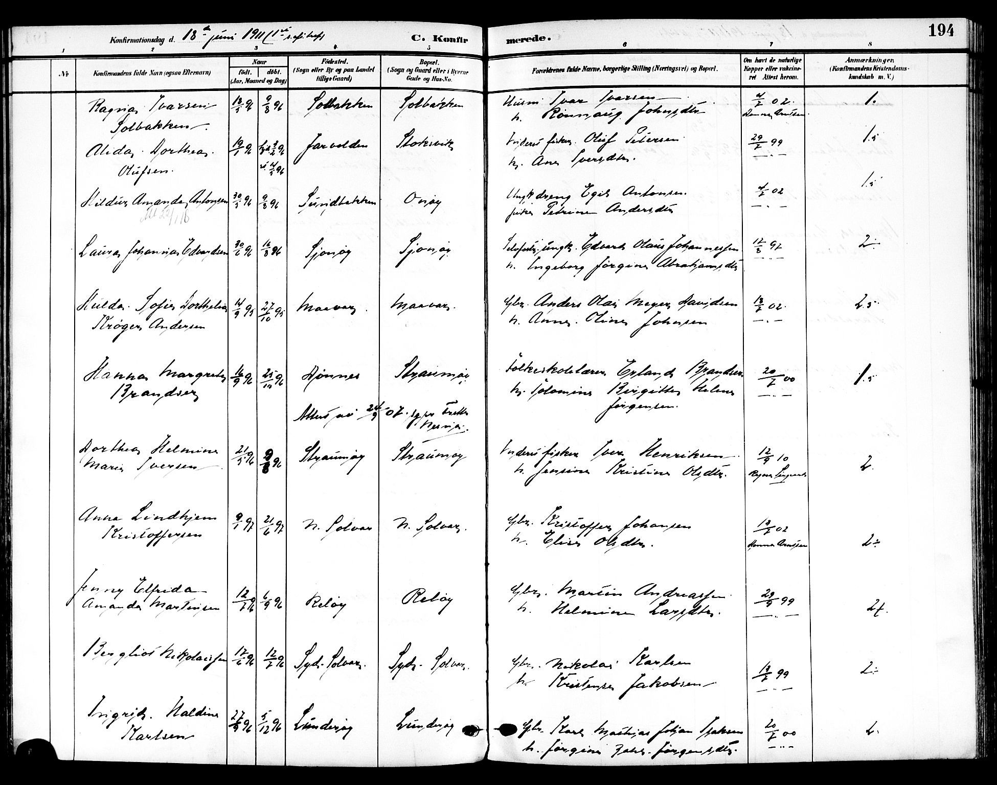 Ministerialprotokoller, klokkerbøker og fødselsregistre - Nordland, SAT/A-1459/839/L0569: Parish register (official) no. 839A06, 1903-1922, p. 194