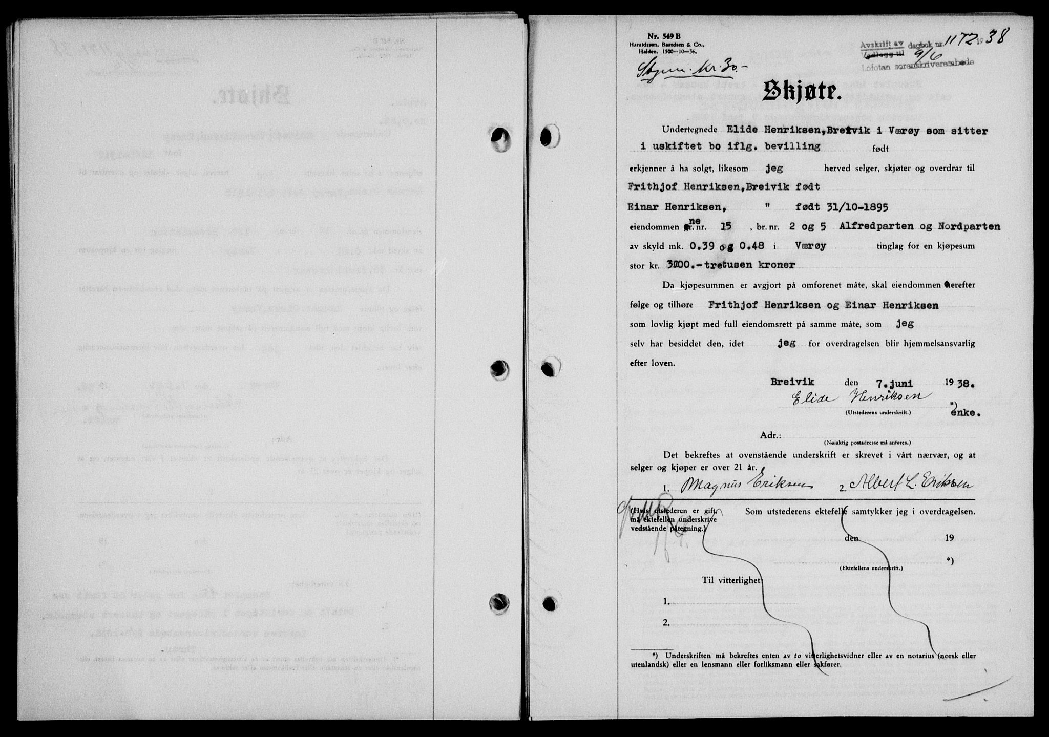 Lofoten sorenskriveri, SAT/A-0017/1/2/2C/L0004a: Mortgage book no. 4a, 1938-1938, Diary no: : 1172/1938
