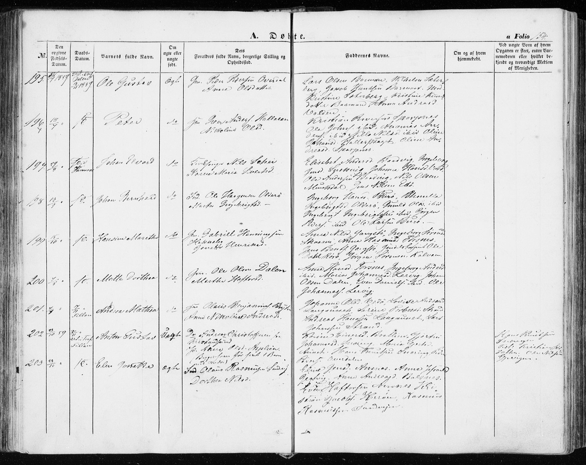 Ministerialprotokoller, klokkerbøker og fødselsregistre - Sør-Trøndelag, AV/SAT-A-1456/634/L0530: Parish register (official) no. 634A06, 1852-1860, p. 154