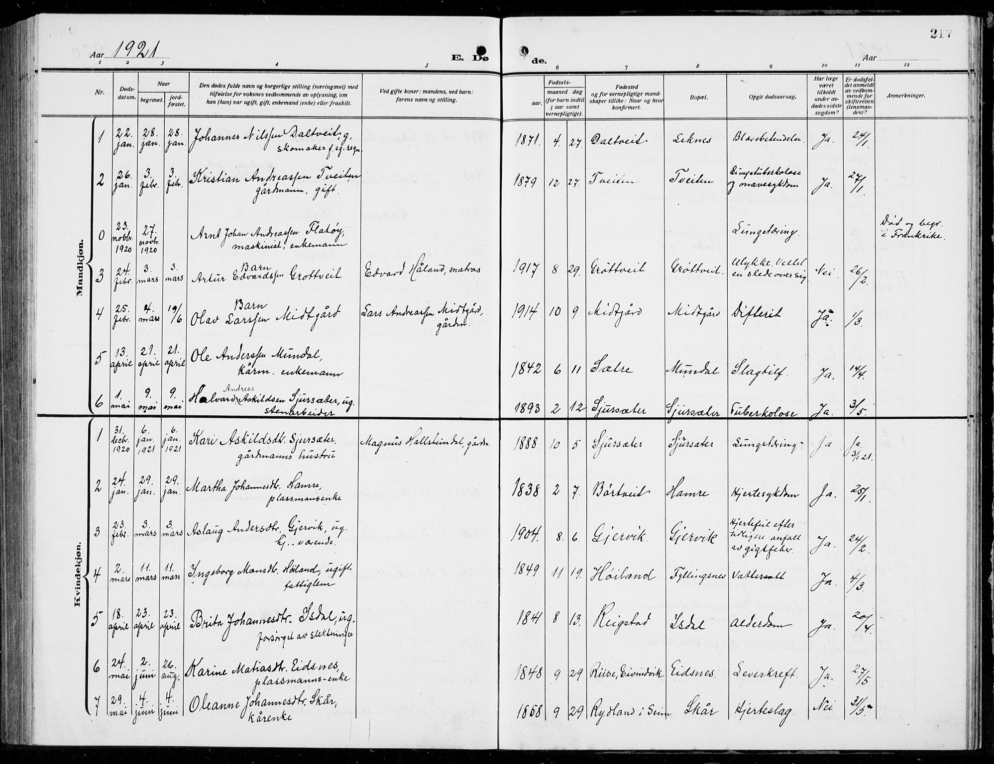 Hamre sokneprestembete, AV/SAB-A-75501/H/Ha/Hab: Parish register (copy) no. B 5, 1920-1940, p. 217