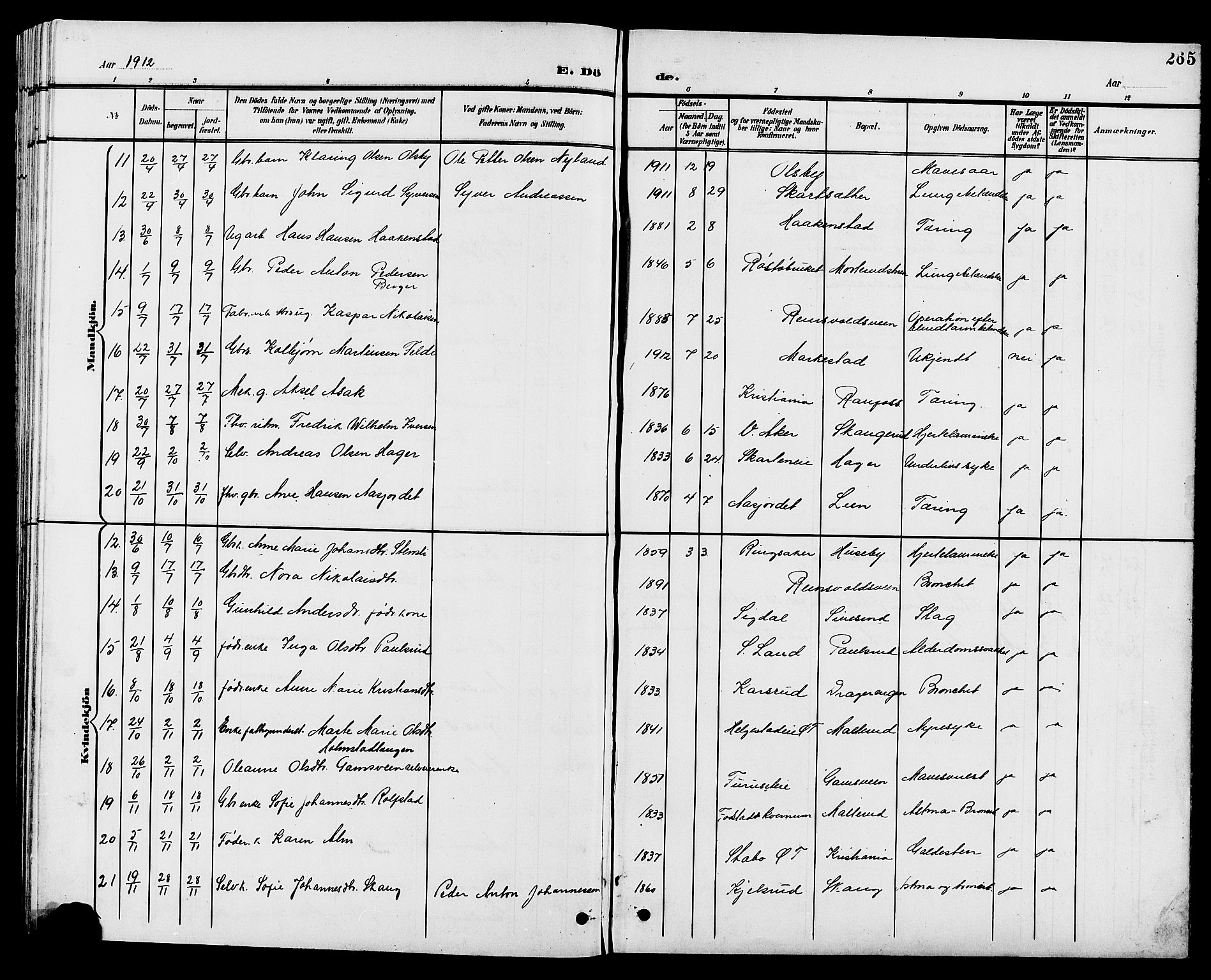 Vestre Toten prestekontor, SAH/PREST-108/H/Ha/Hab/L0010: Parish register (copy) no. 10, 1900-1912, p. 265