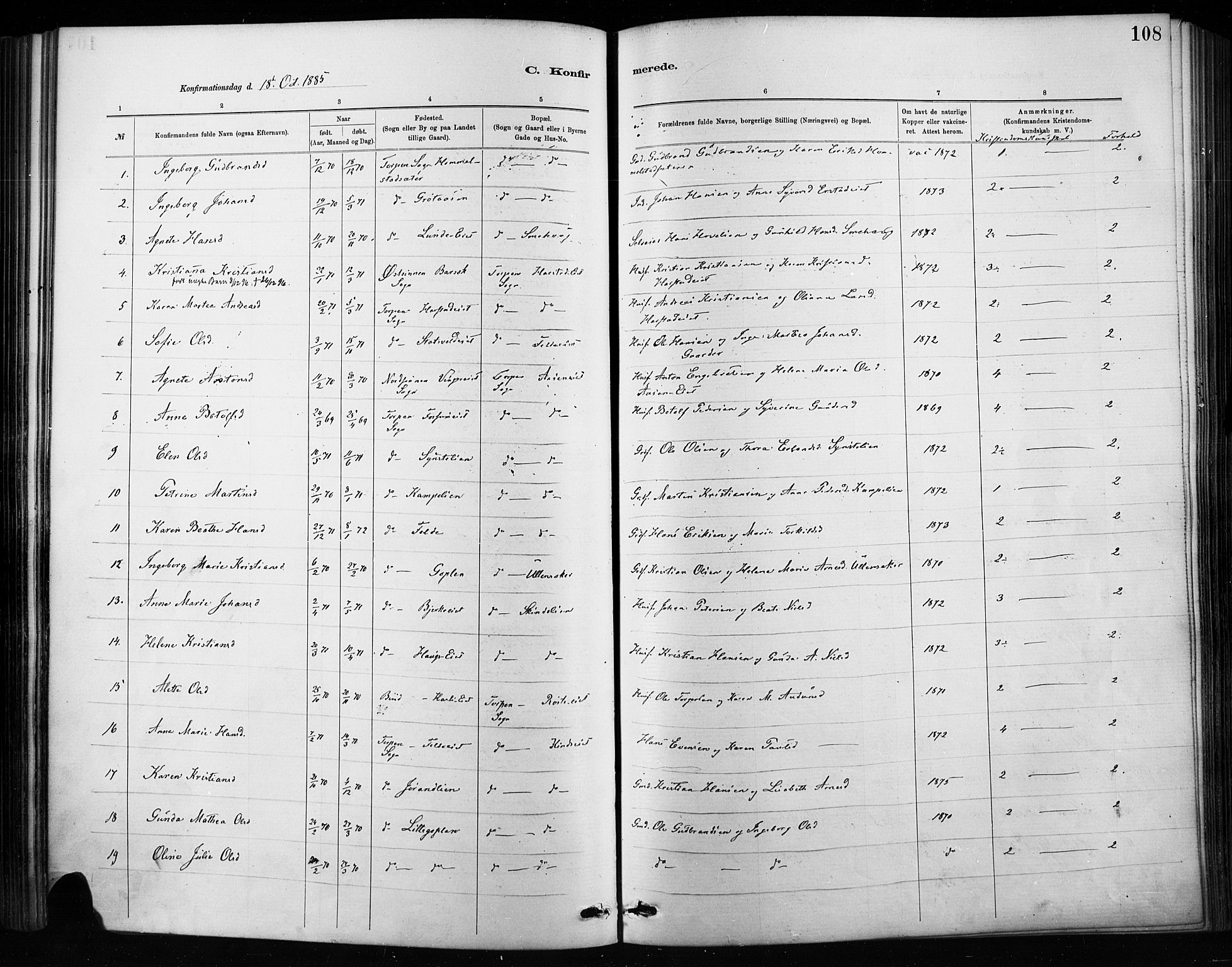 Nordre Land prestekontor, SAH/PREST-124/H/Ha/Haa/L0004: Parish register (official) no. 4, 1882-1896, p. 108