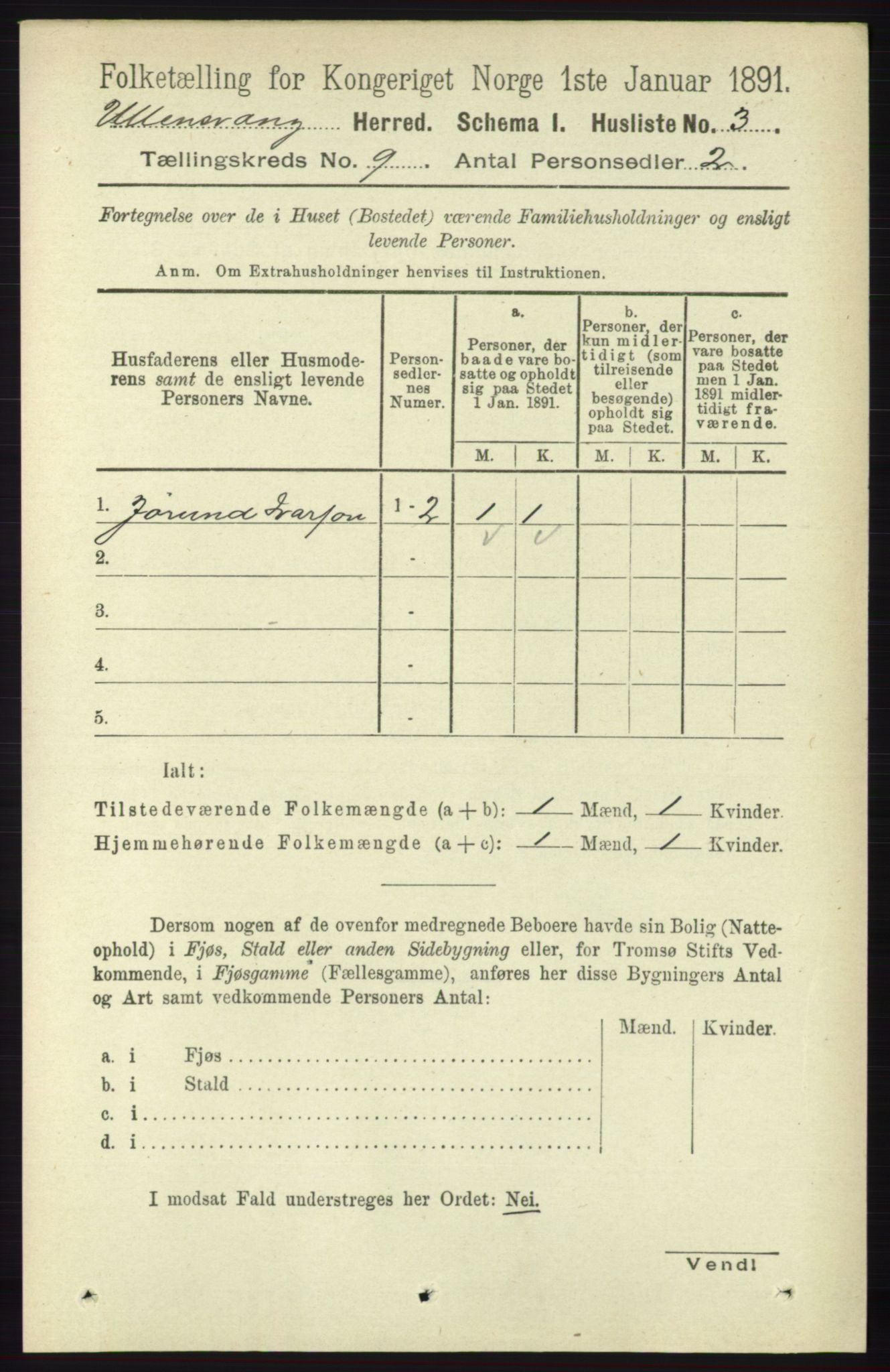 RA, 1891 census for 1230 Ullensvang, 1891, p. 3073