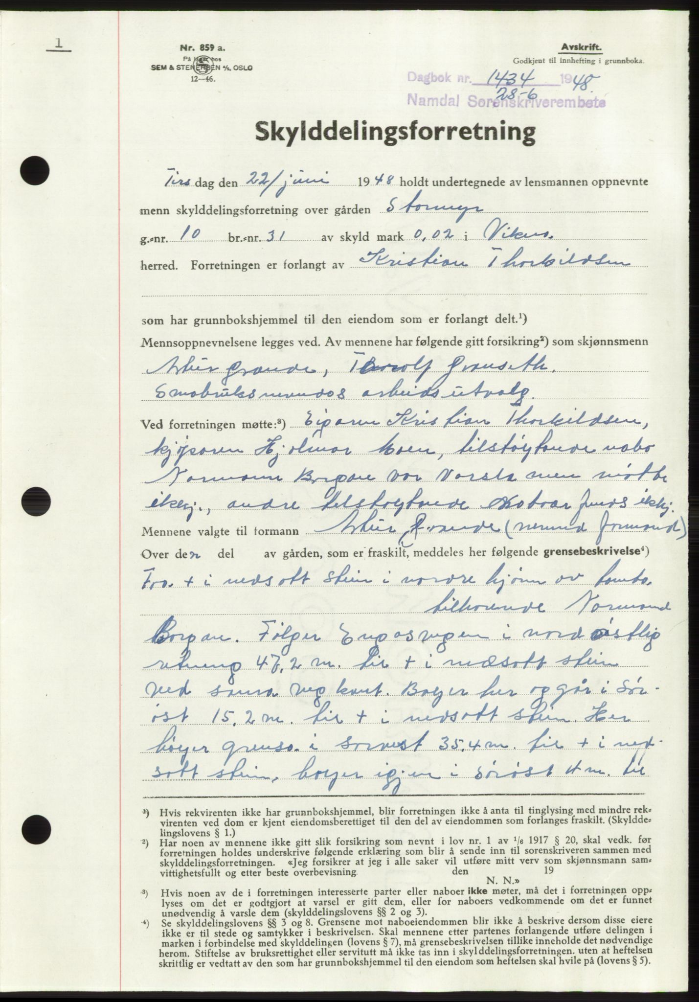 Namdal sorenskriveri, AV/SAT-A-4133/1/2/2C: Mortgage book no. -, 1948-1948, Diary no: : 1434/1948