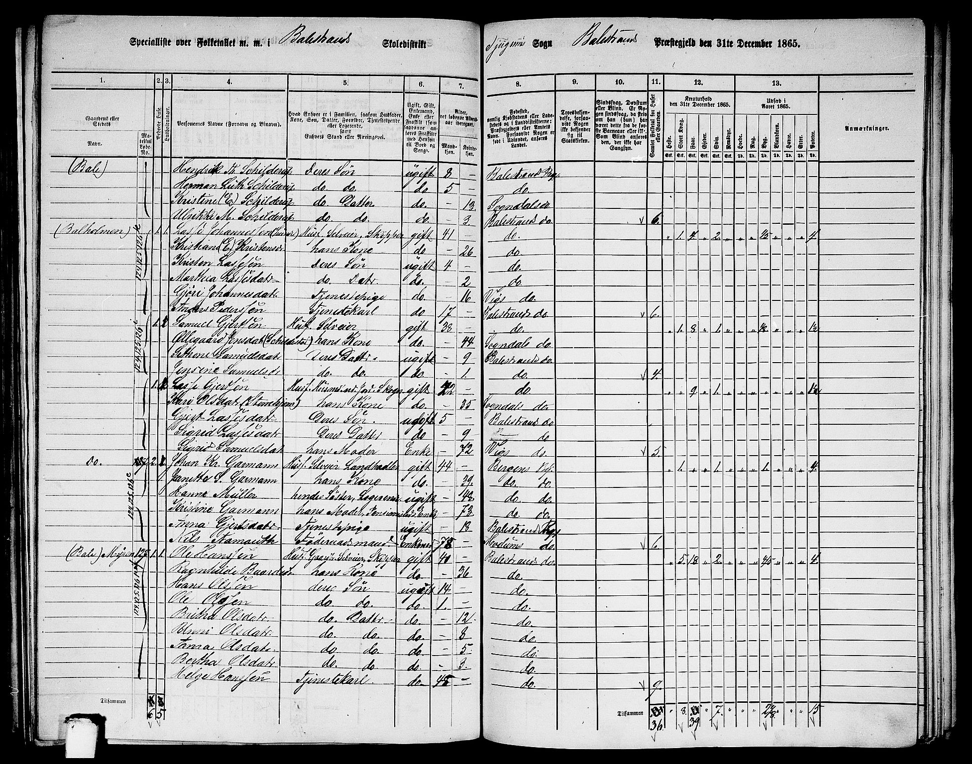 RA, 1865 census for Balestrand, 1865, p. 16