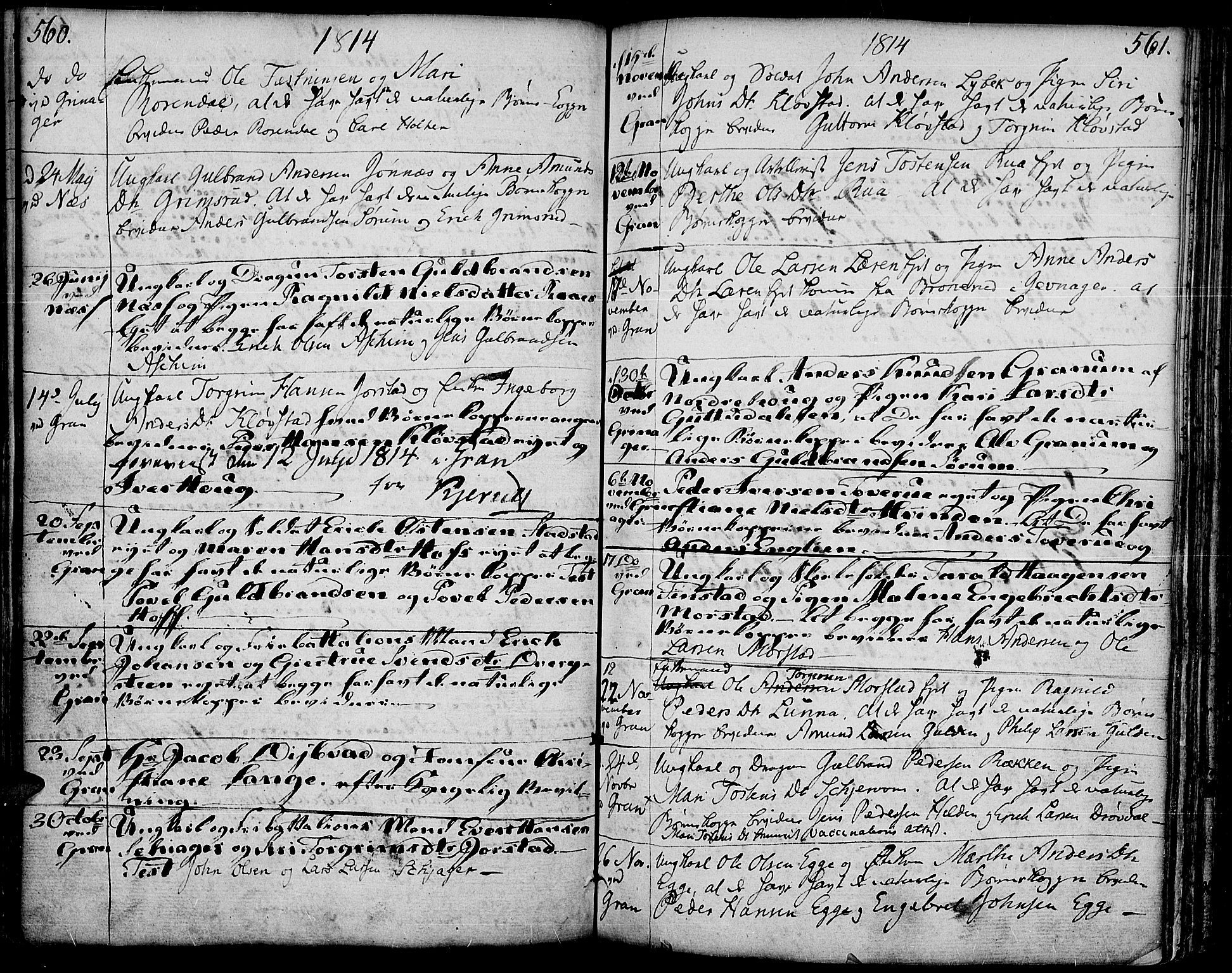 Gran prestekontor, SAH/PREST-112/H/Ha/Haa/L0006: Parish register (official) no. 6, 1787-1824, p. 560-561