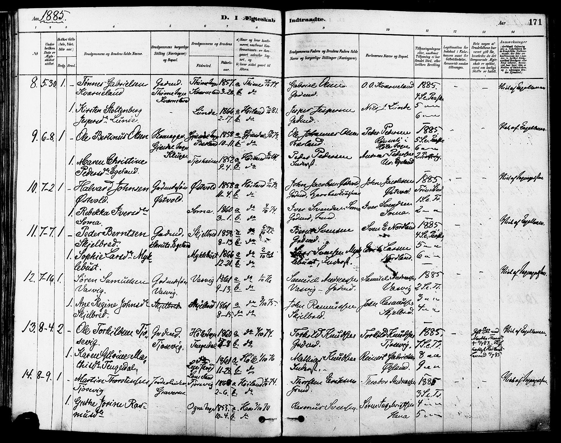 Høyland sokneprestkontor, AV/SAST-A-101799/001/30BA/L0011: Parish register (official) no. A 10, 1878-1888, p. 171