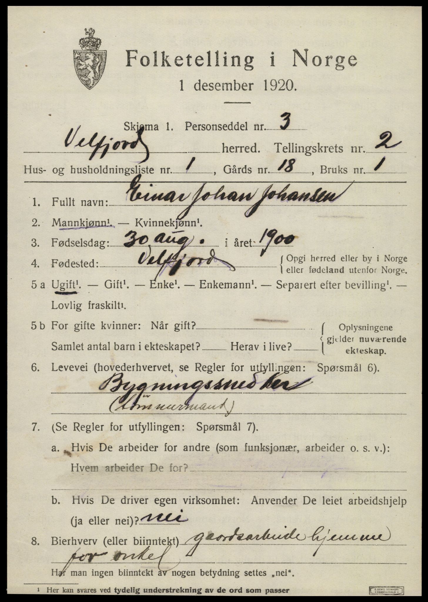 SAT, 1920 census for Velfjord, 1920, p. 1213