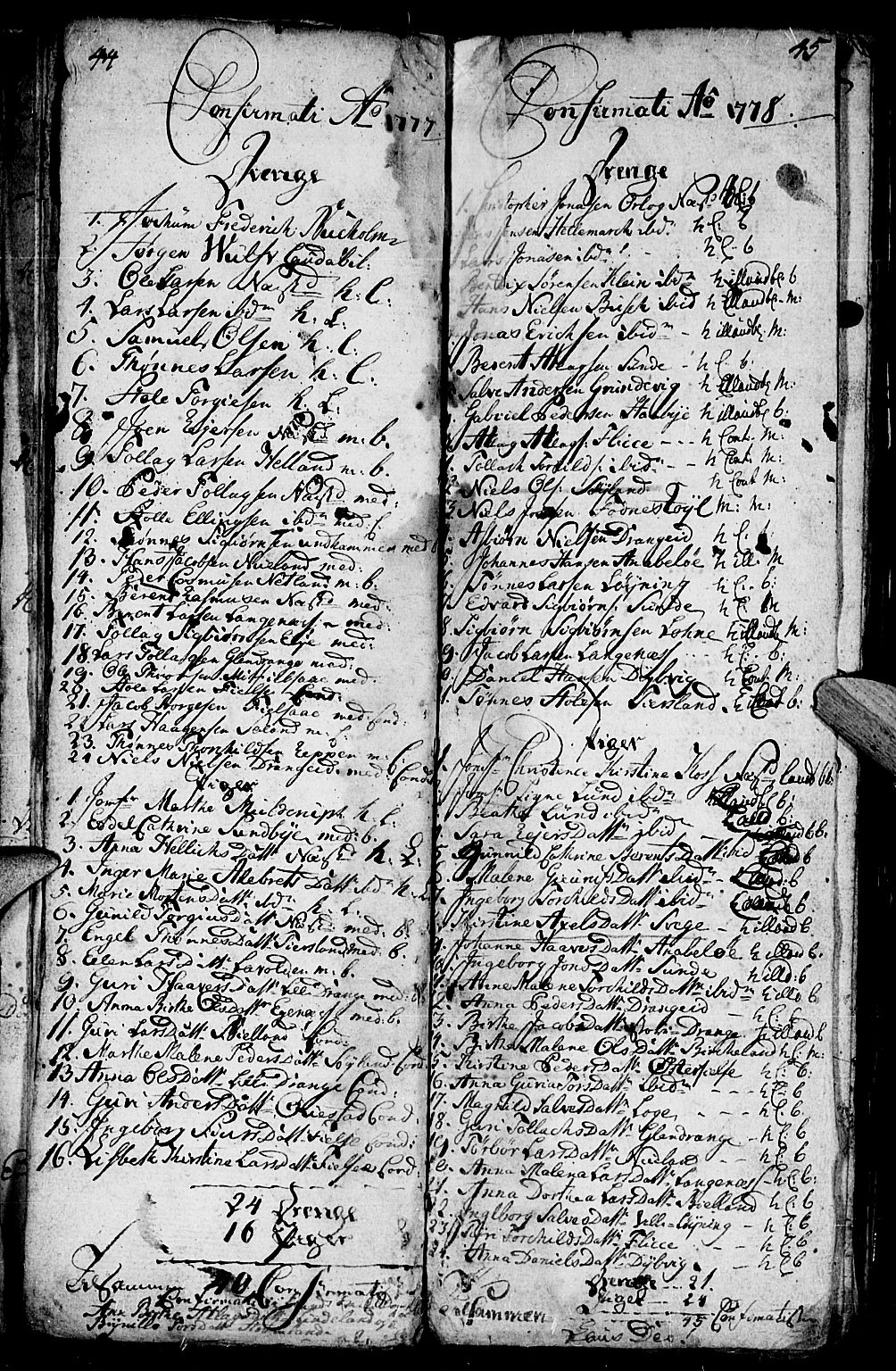 Flekkefjord sokneprestkontor, SAK/1111-0012/F/Fa/Fac/L0001: Parish register (official) no. A 1, 1773-1806, p. 44-45