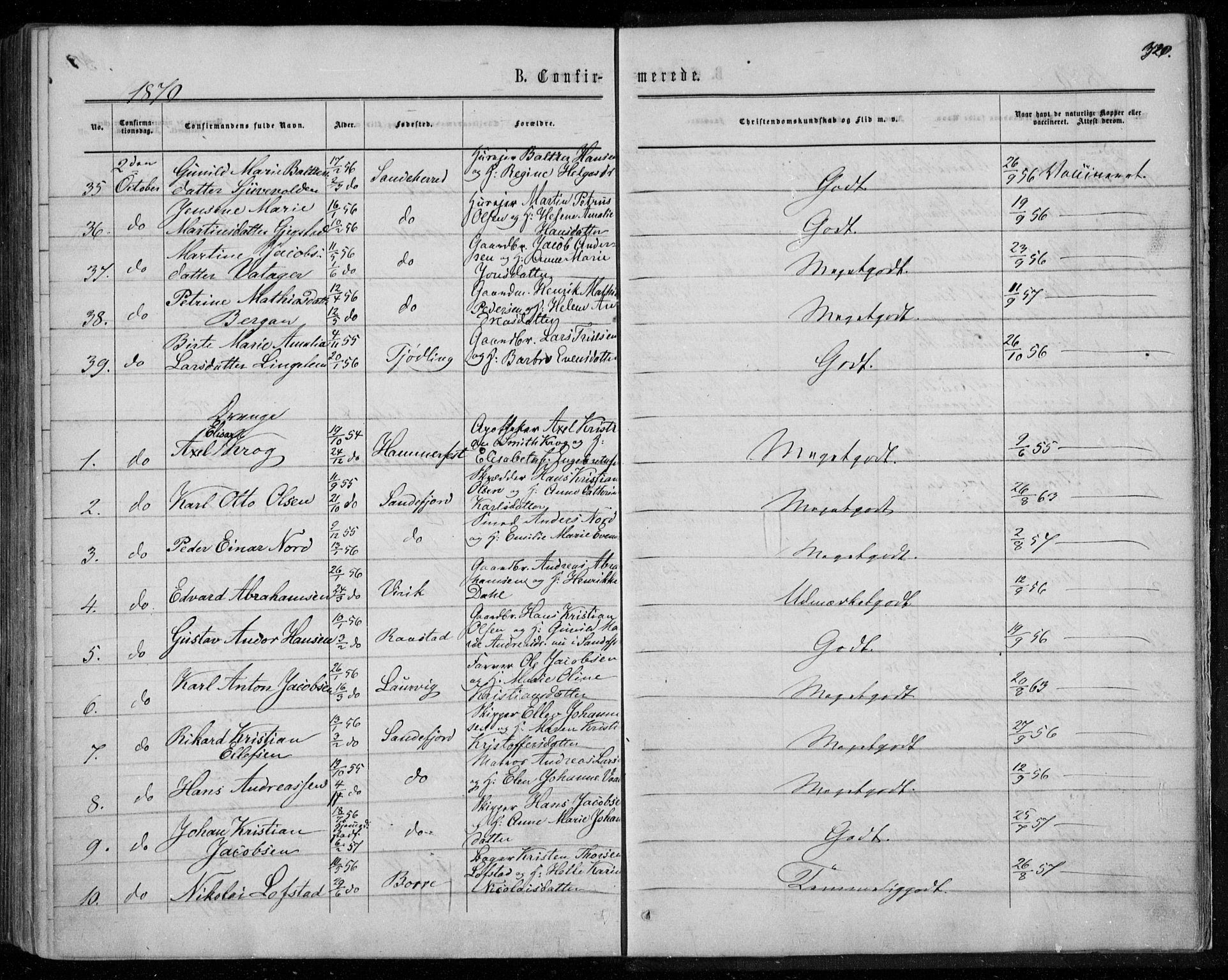 Sandar kirkebøker, AV/SAKO-A-243/F/Fa/L0008: Parish register (official) no. 8, 1862-1871, p. 320