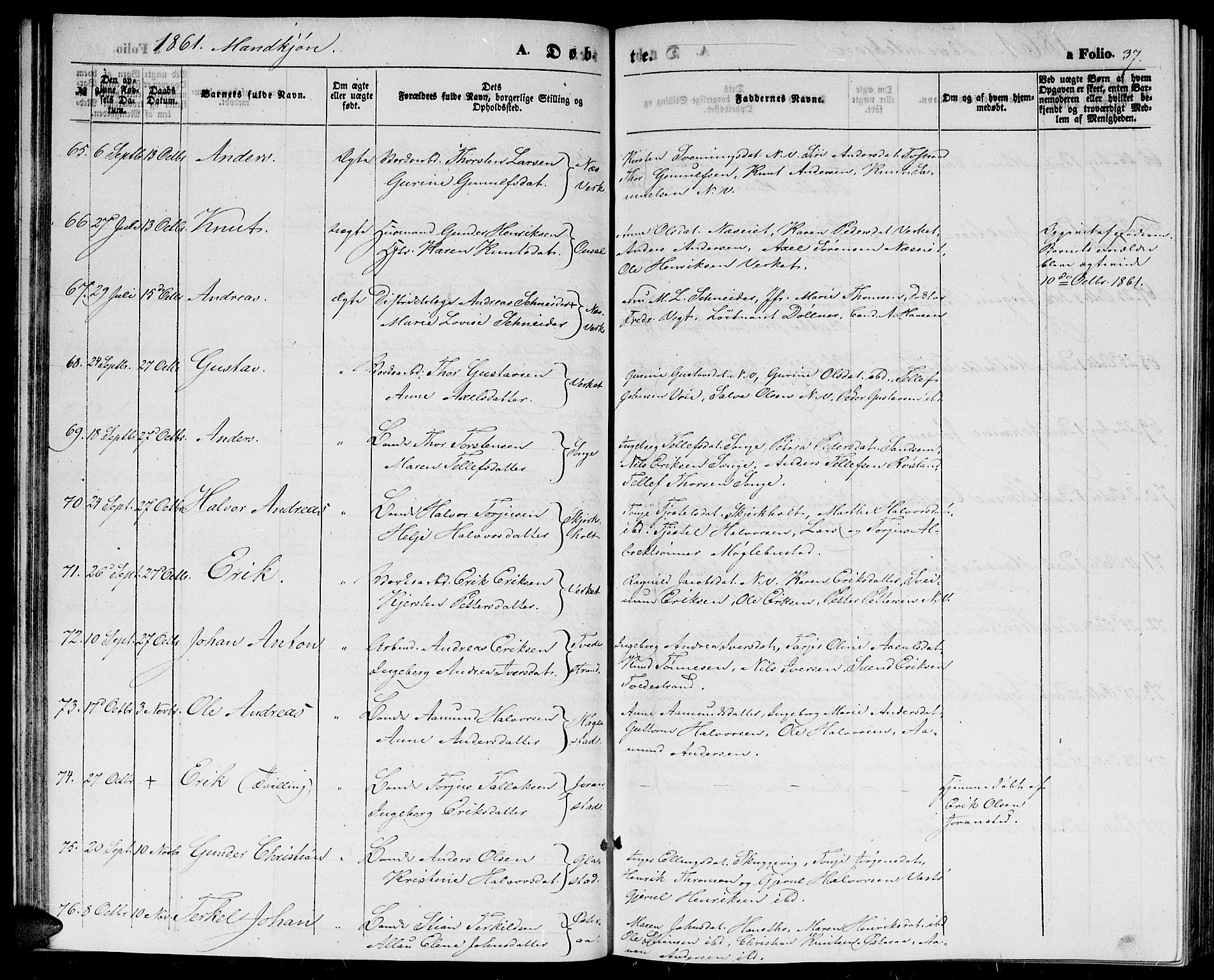 Holt sokneprestkontor, SAK/1111-0021/F/Fb/L0008: Parish register (copy) no. B 8, 1858-1871, p. 37