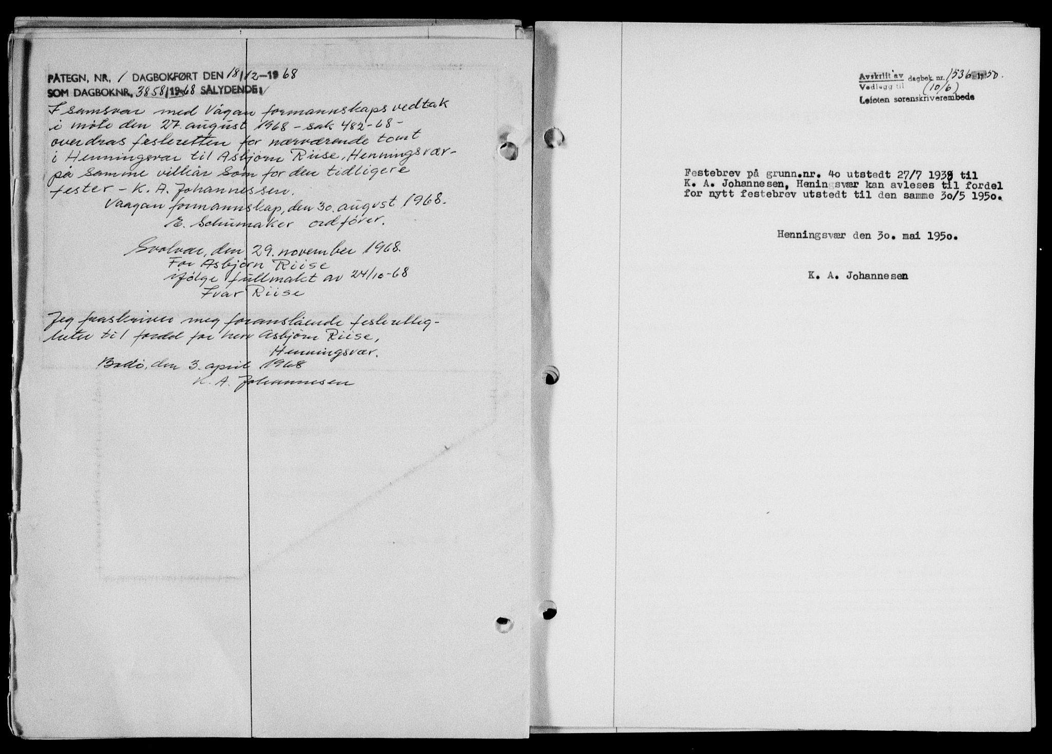 Lofoten sorenskriveri, SAT/A-0017/1/2/2C/L0023a: Mortgage book no. 23a, 1950-1950, Diary no: : 1536/1950