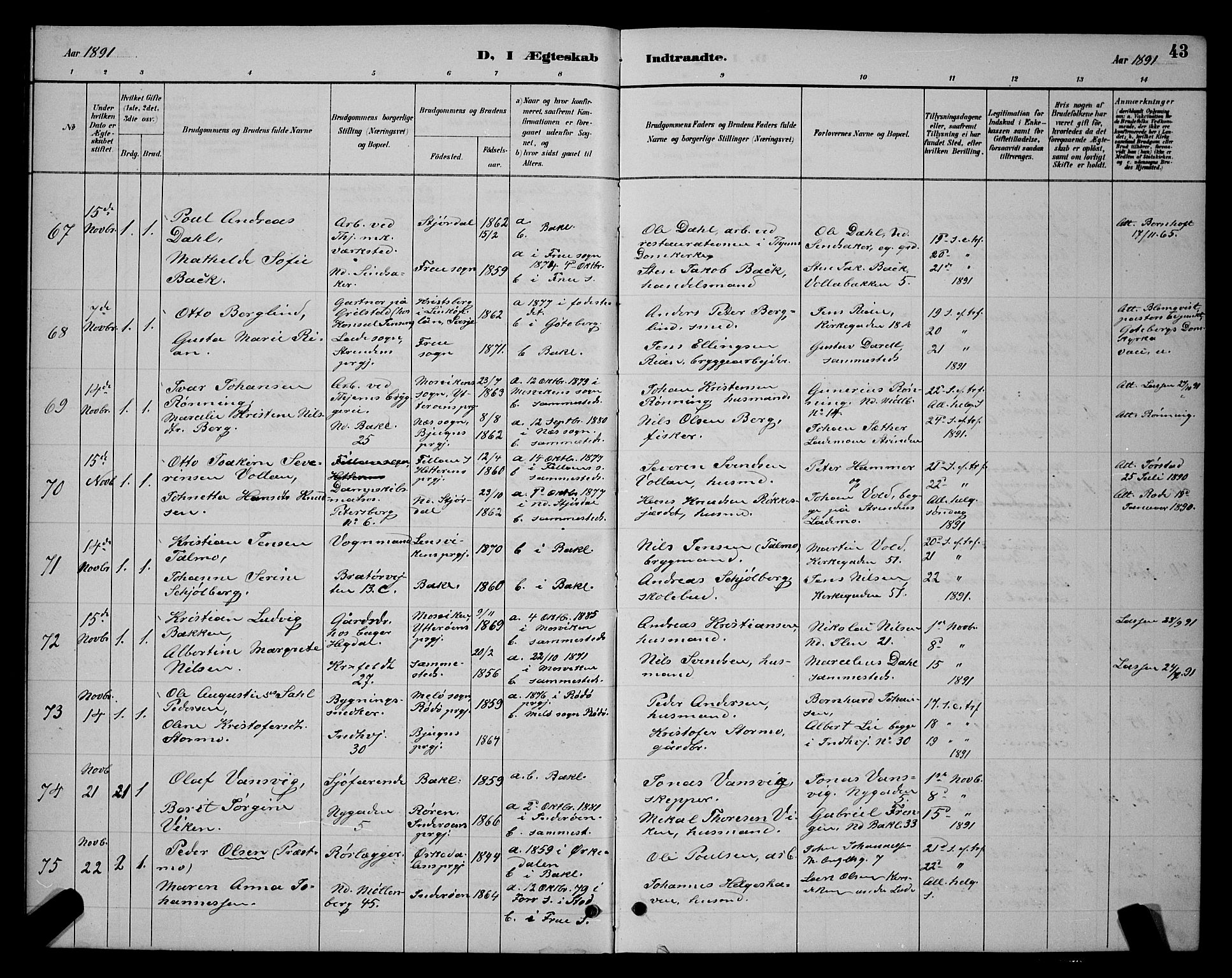 Ministerialprotokoller, klokkerbøker og fødselsregistre - Sør-Trøndelag, AV/SAT-A-1456/604/L0223: Parish register (copy) no. 604C06, 1886-1897, p. 43