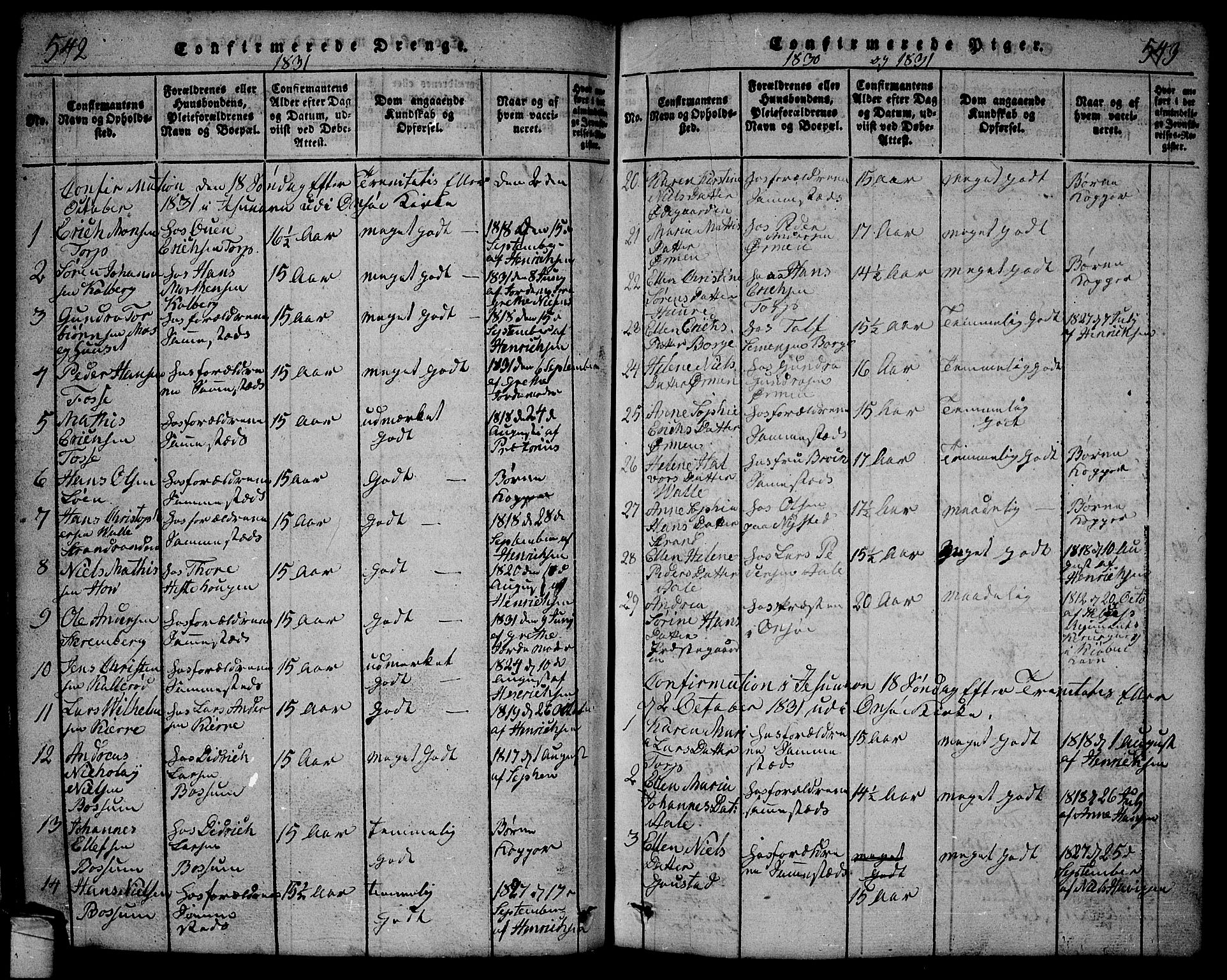 Onsøy prestekontor Kirkebøker, SAO/A-10914/G/Ga/L0001: Parish register (copy) no. I 1, 1814-1840, p. 542-543