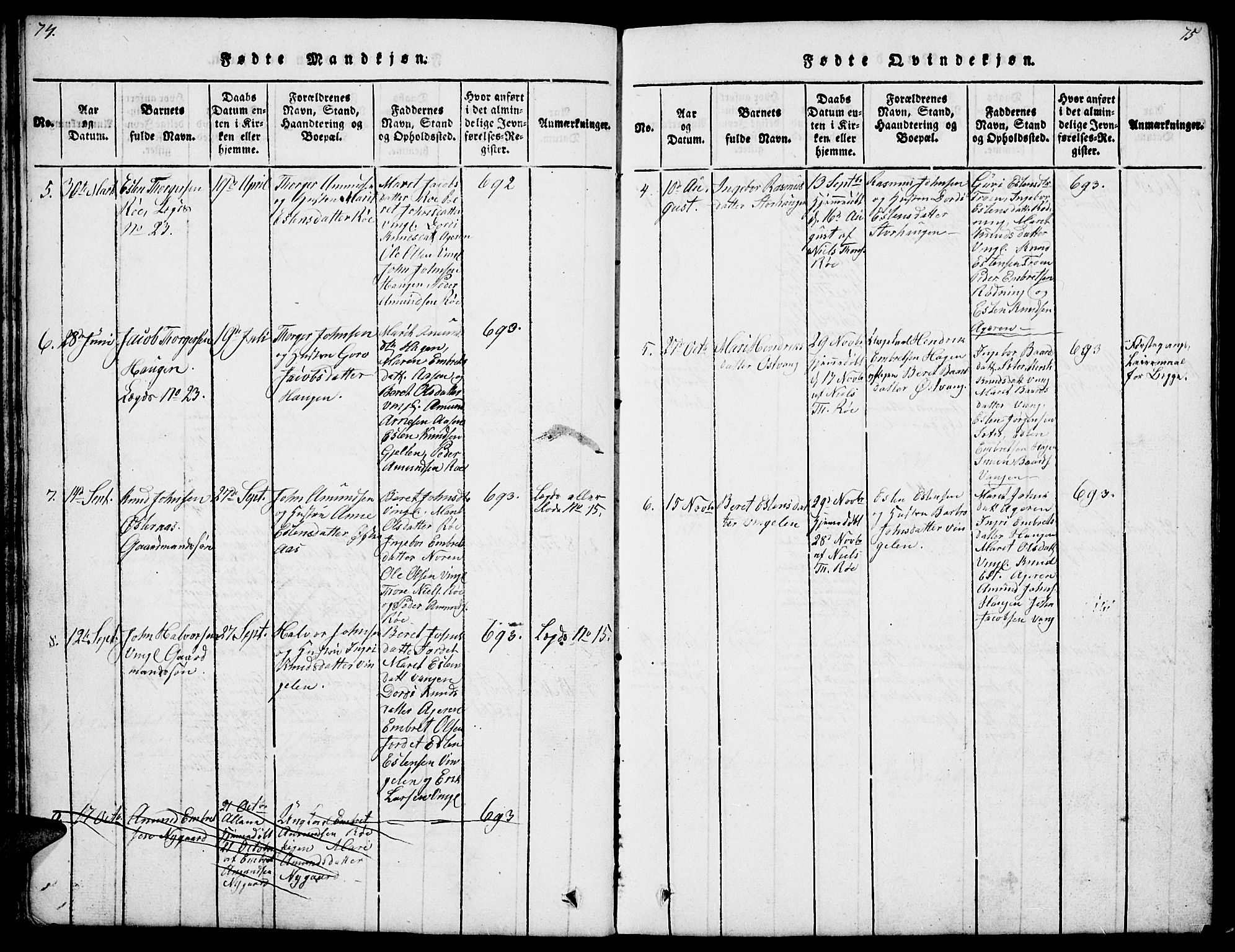 Tolga prestekontor, SAH/PREST-062/L/L0003: Parish register (copy) no. 3, 1815-1862, p. 74-75