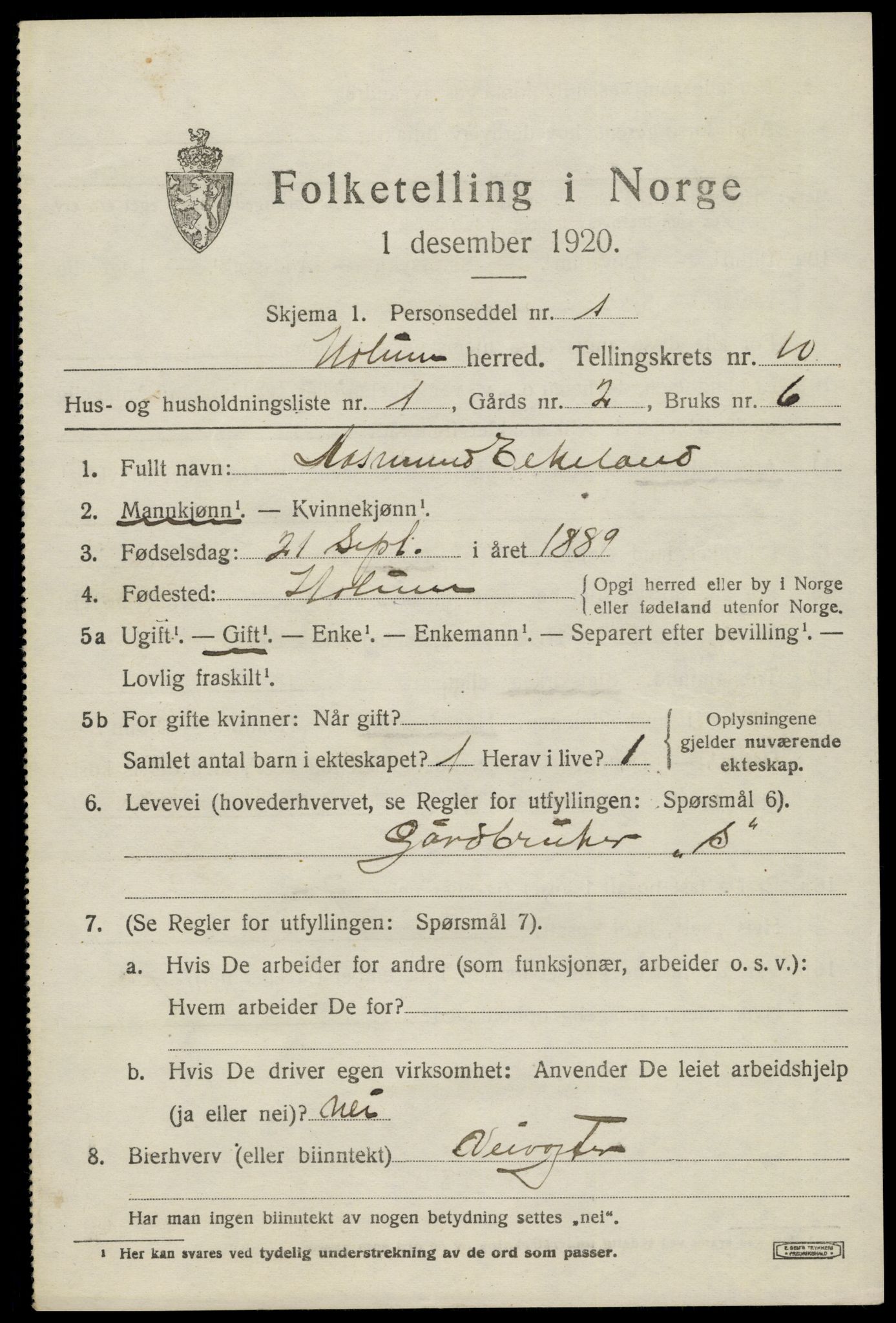 SAK, 1920 census for Holum, 1920, p. 2739