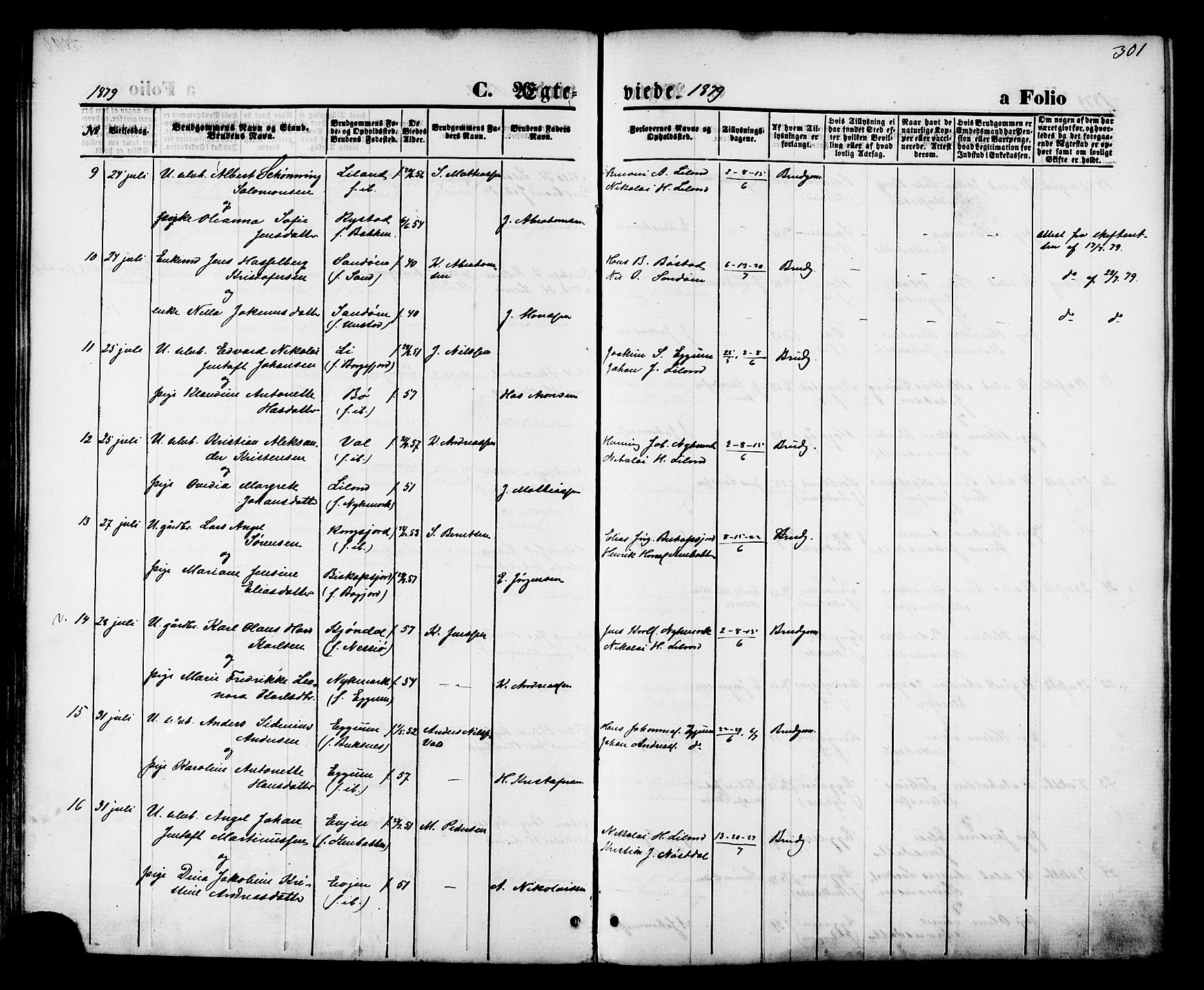 Ministerialprotokoller, klokkerbøker og fødselsregistre - Nordland, AV/SAT-A-1459/880/L1132: Parish register (official) no. 880A06, 1869-1887, p. 301