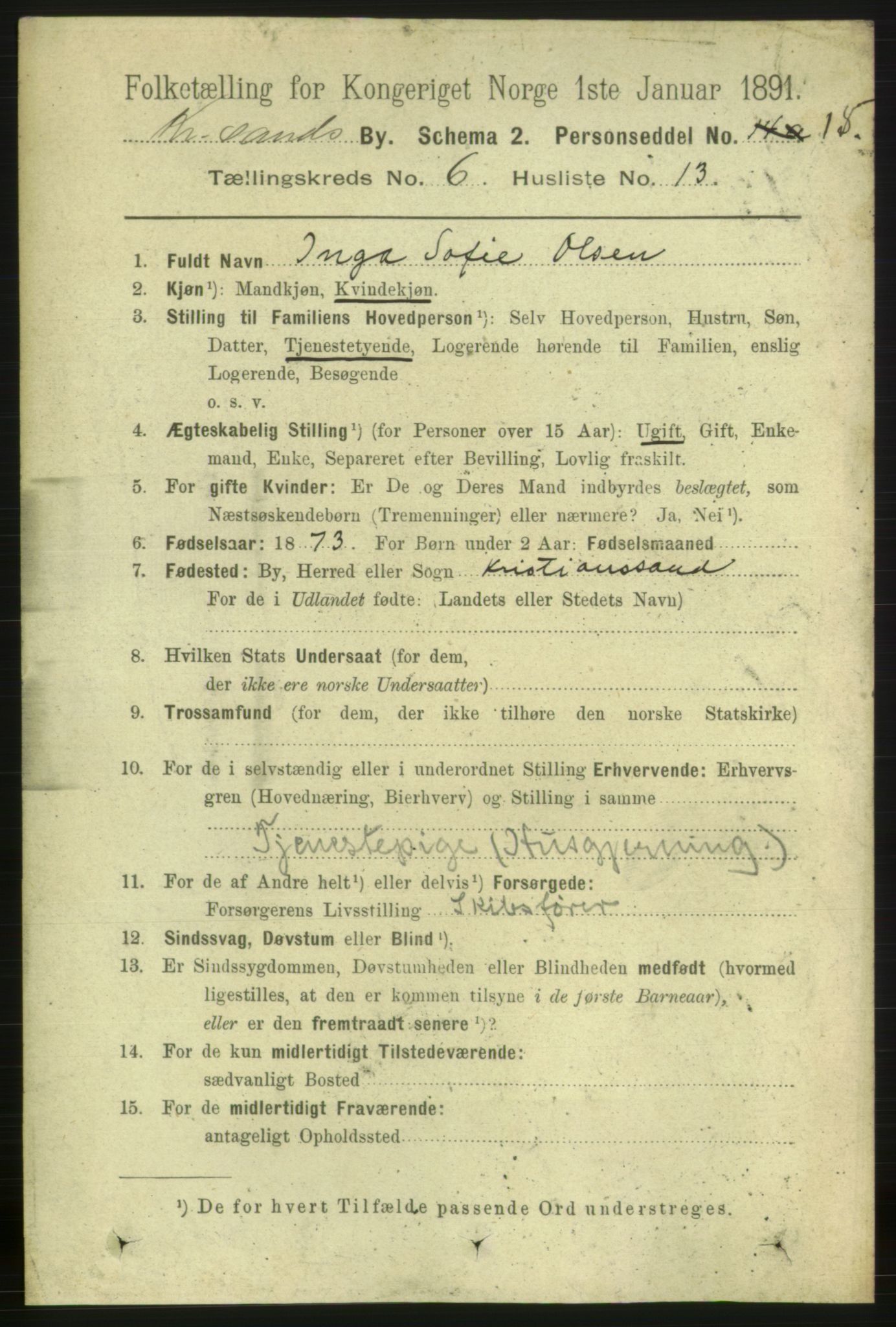 RA, 1891 census for 1001 Kristiansand, 1891, p. 4597