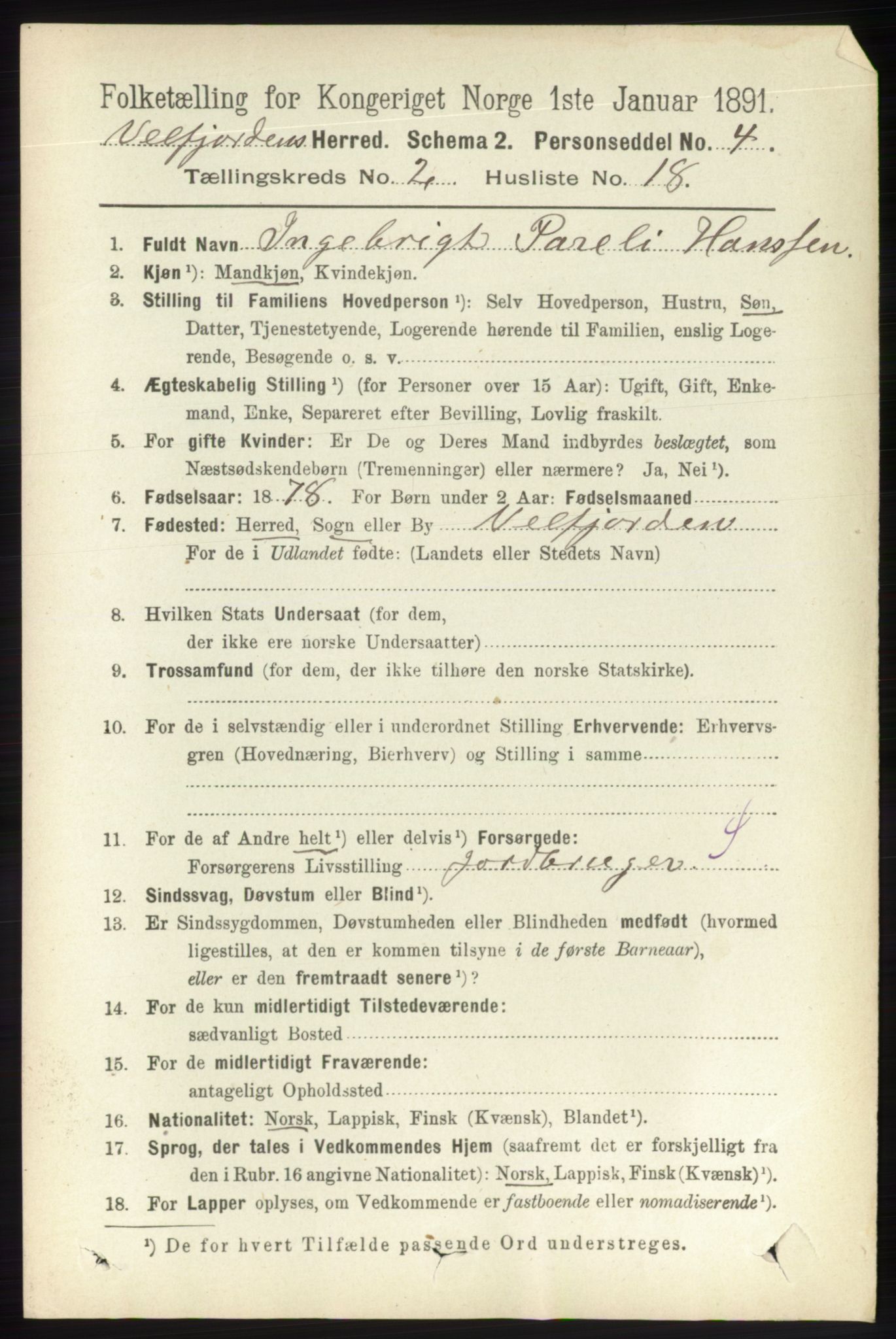 RA, 1891 census for 1813 Velfjord, 1891, p. 665