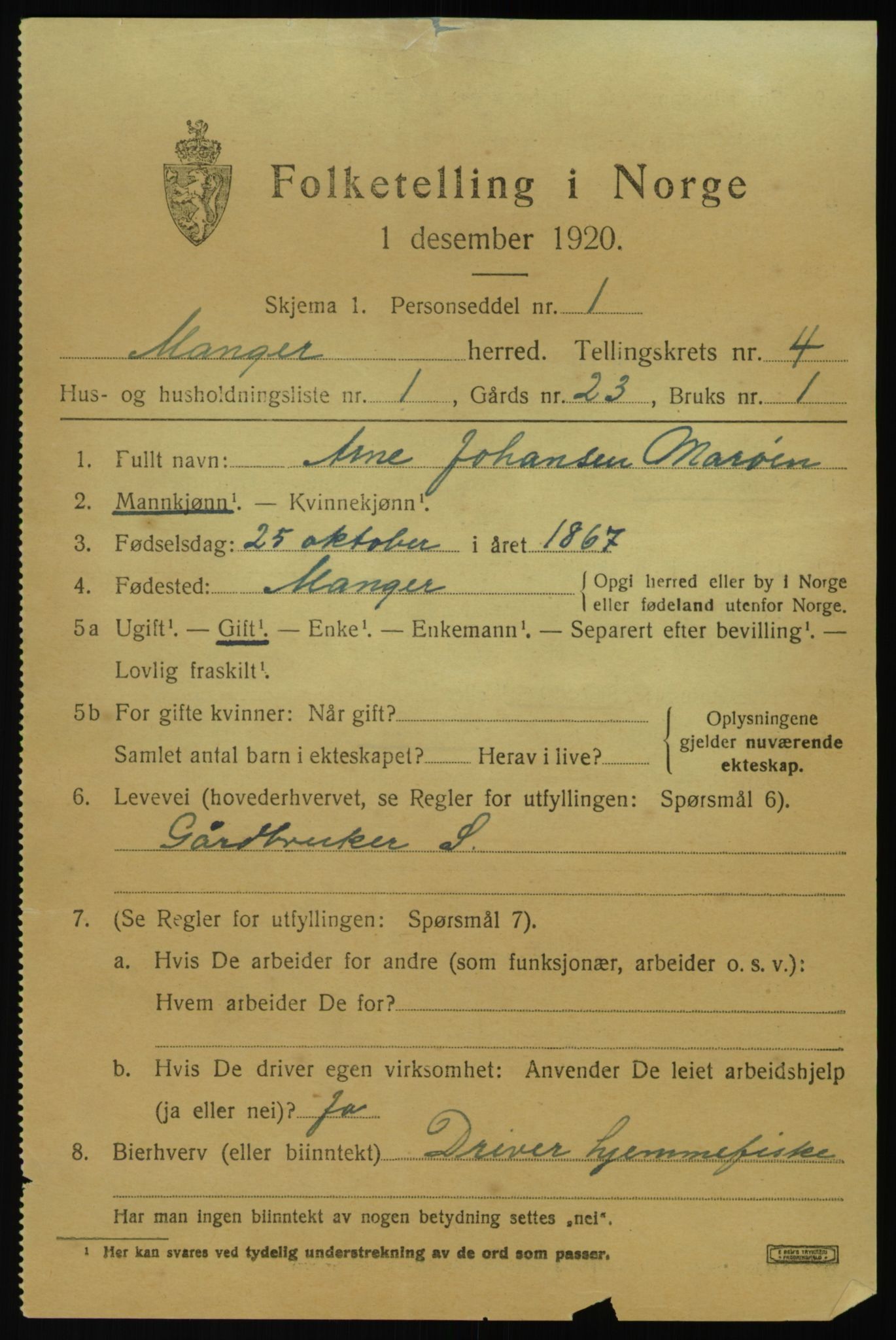 SAB, 1920 census for Manger, 1920, p. 3007