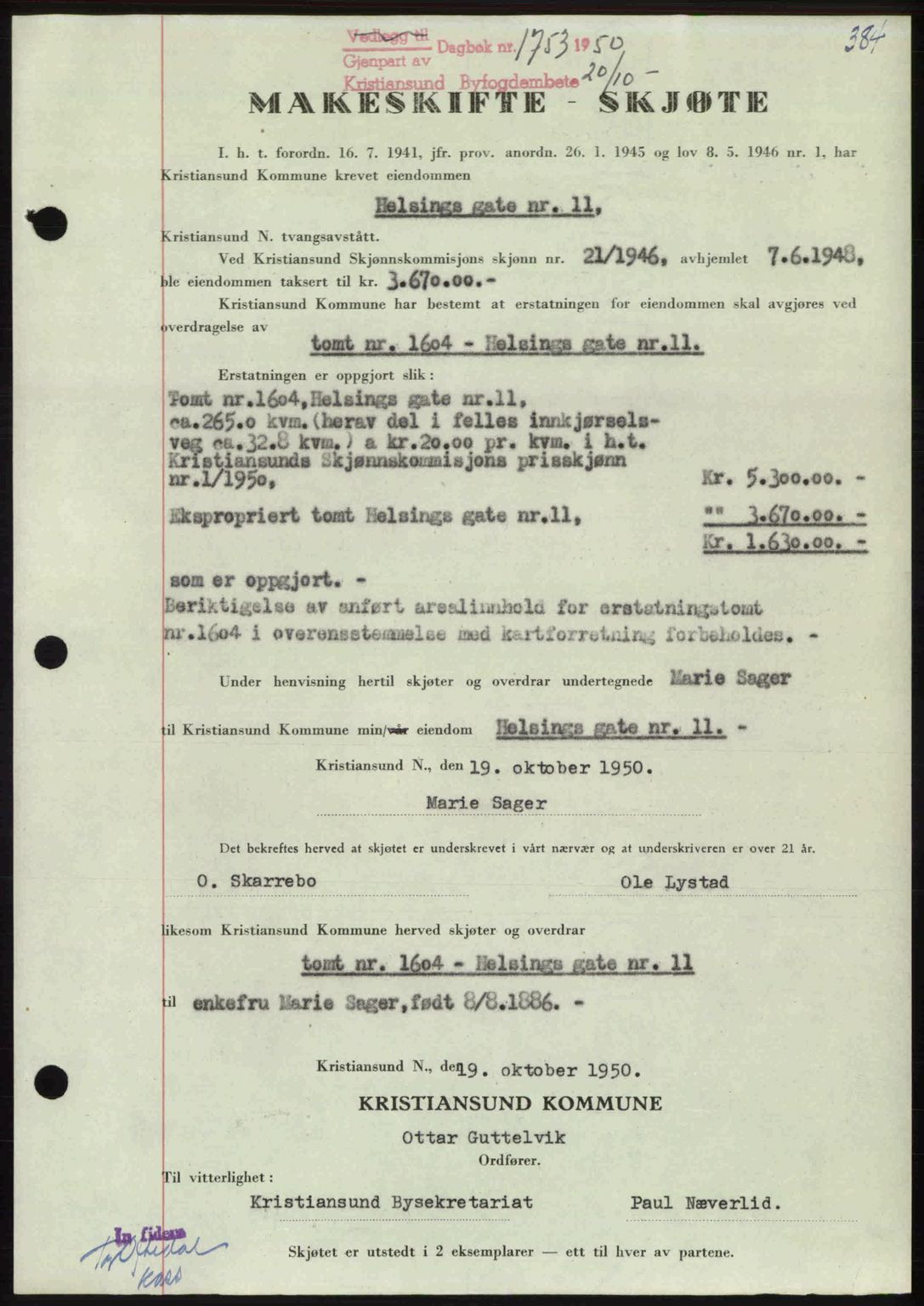 Kristiansund byfogd, AV/SAT-A-4587/A/27: Mortgage book no. 46, 1949-1950, Diary no: : 1753/1950