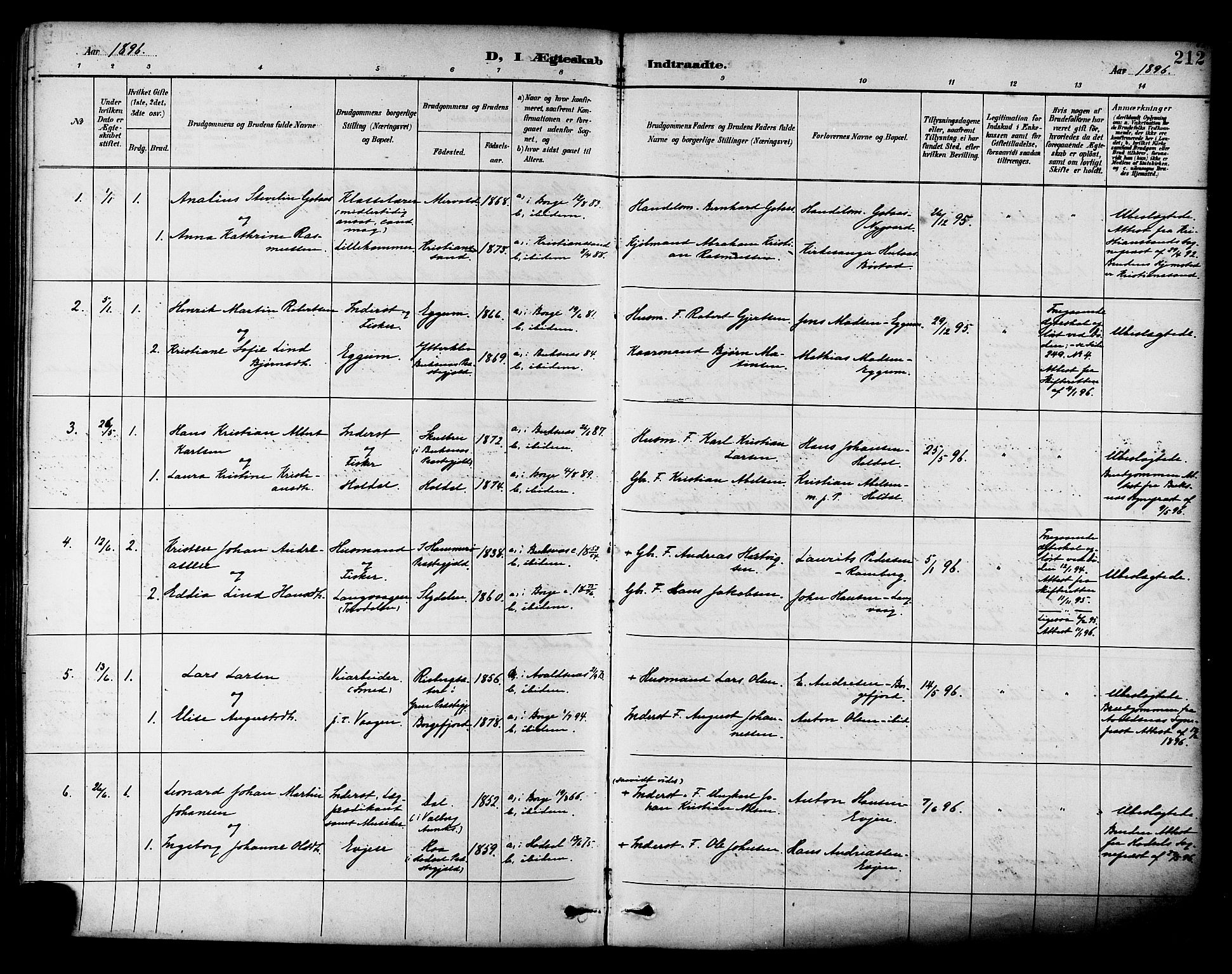Ministerialprotokoller, klokkerbøker og fødselsregistre - Nordland, SAT/A-1459/880/L1133: Parish register (official) no. 880A07, 1888-1898, p. 212