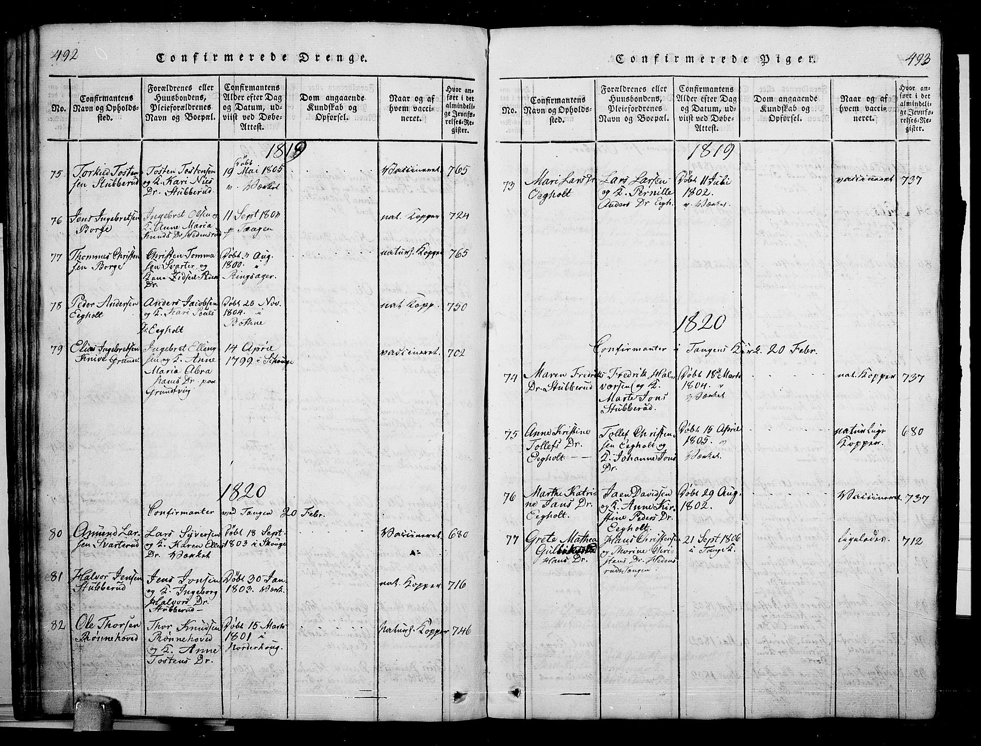 Skoger kirkebøker, SAKO/A-59/G/Ga/L0001: Parish register (copy) no. I 1, 1814-1845, p. 492-493