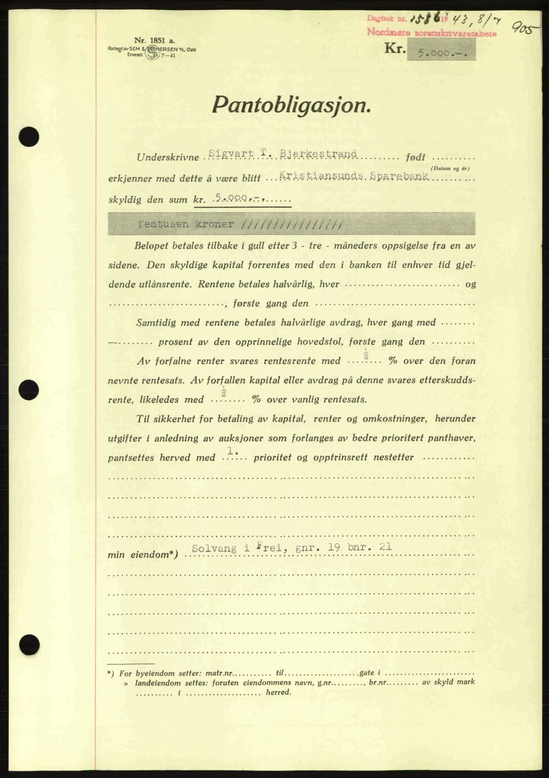 Nordmøre sorenskriveri, AV/SAT-A-4132/1/2/2Ca: Mortgage book no. B90, 1942-1943, Diary no: : 1586/1943