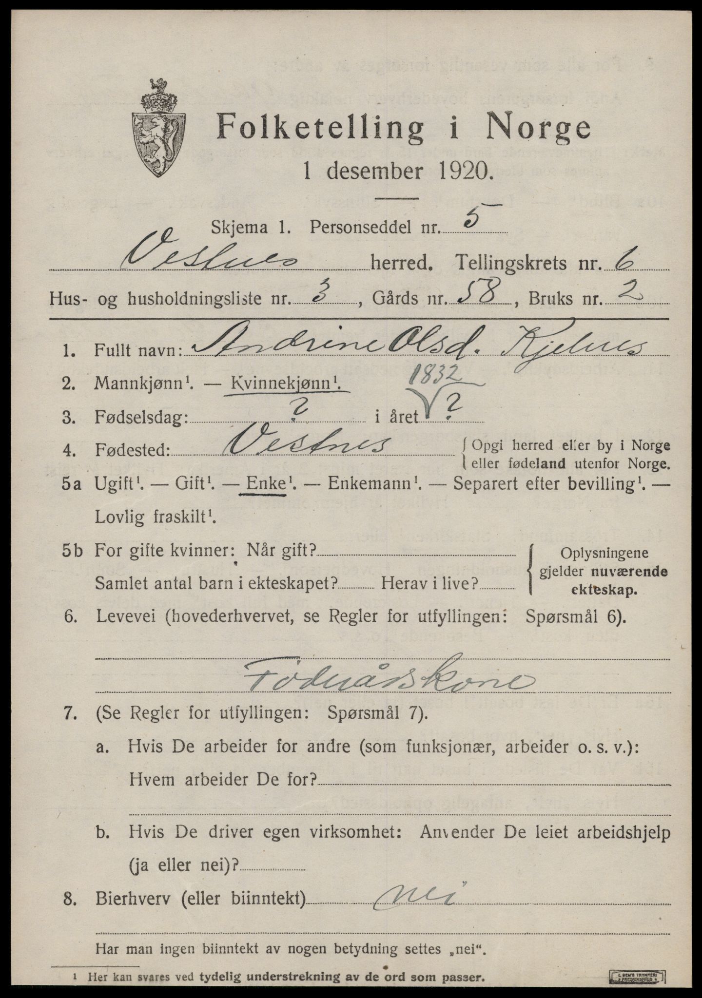 SAT, 1920 census for Vestnes, 1920, p. 4341