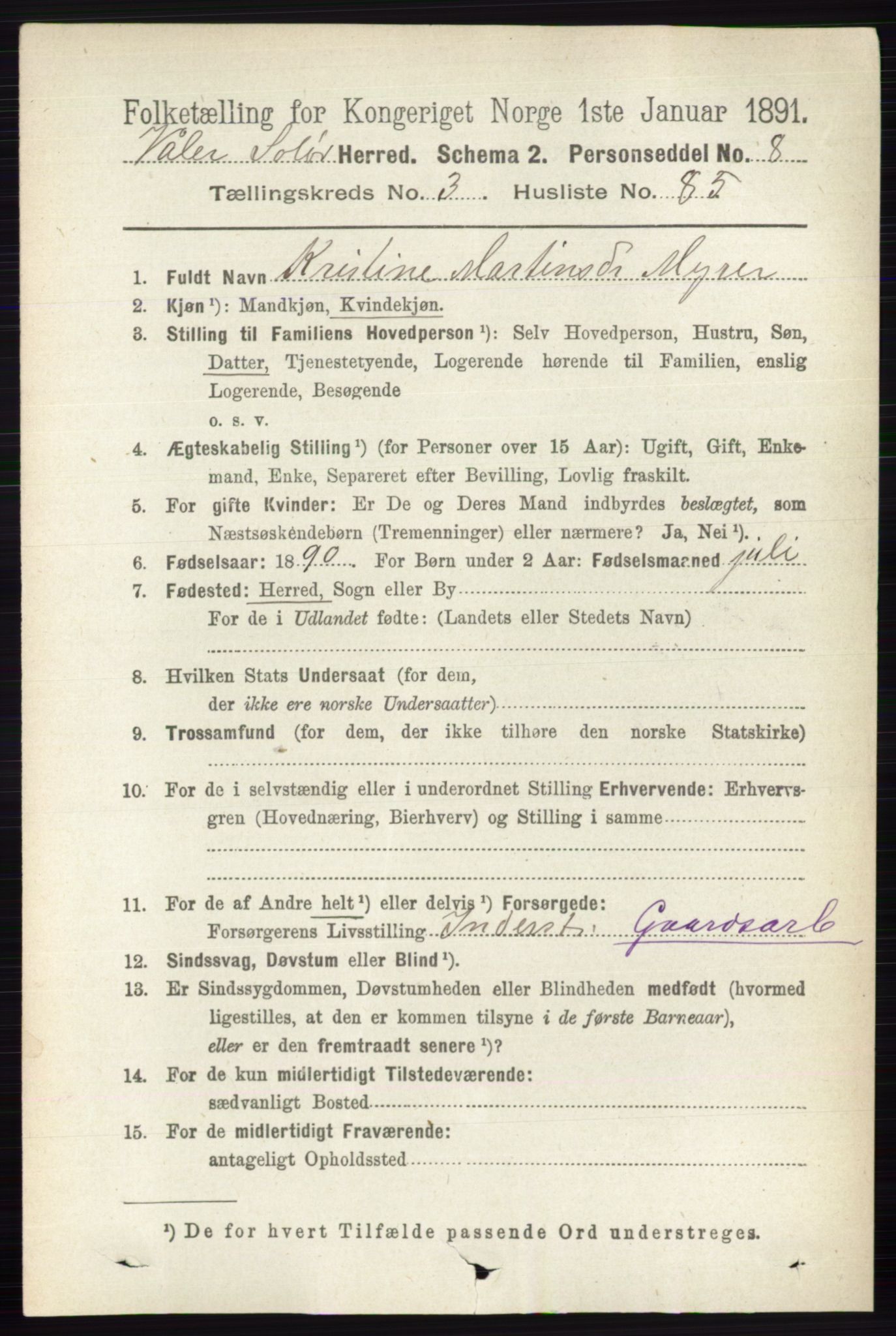 RA, 1891 census for 0426 Våler, 1891, p. 1400