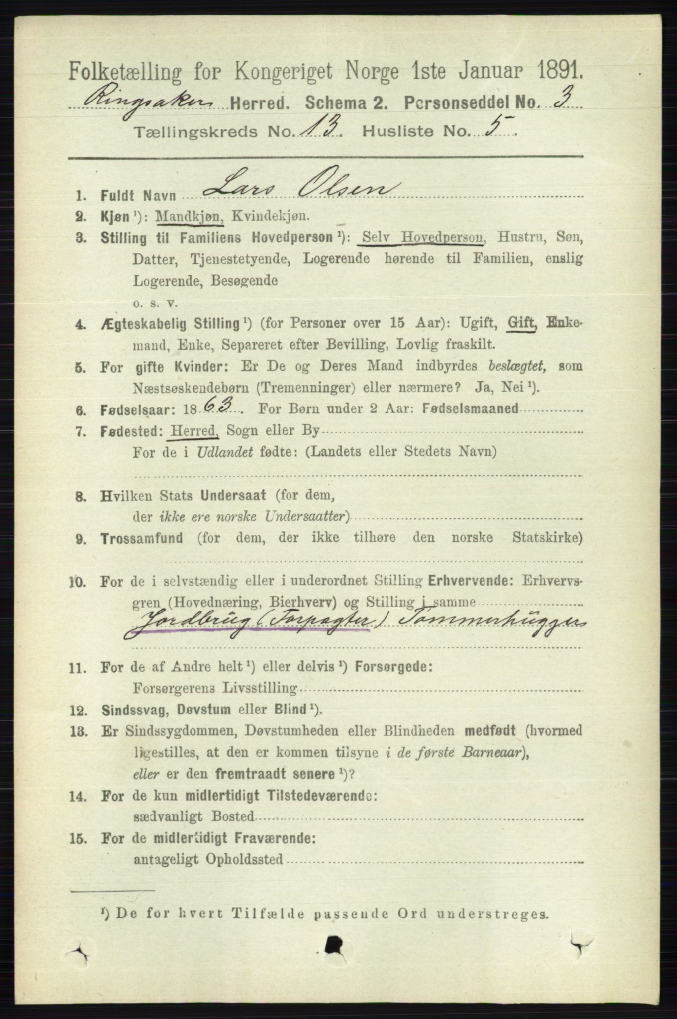 RA, 1891 census for 0412 Ringsaker, 1891, p. 7231