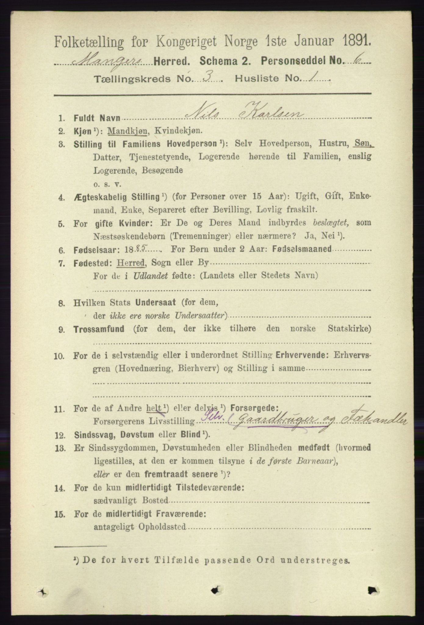 RA, 1891 census for 1261 Manger, 1891, p. 1413