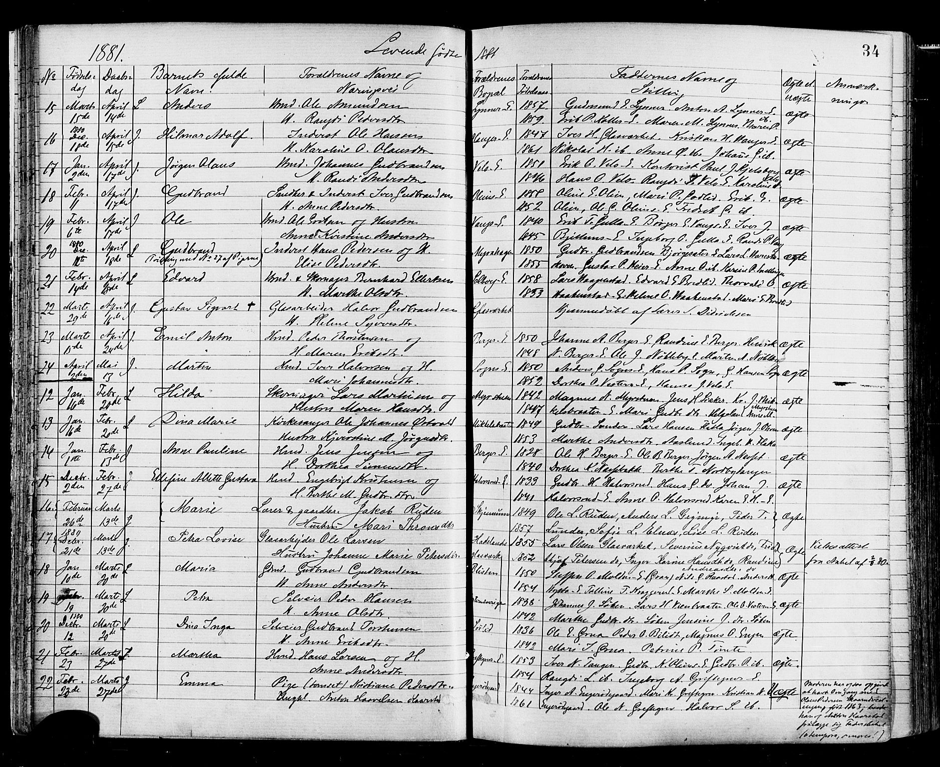 Jevnaker prestekontor, AV/SAH-PREST-116/H/Ha/Haa/L0008: Parish register (official) no. 8, 1877-1890, p. 34