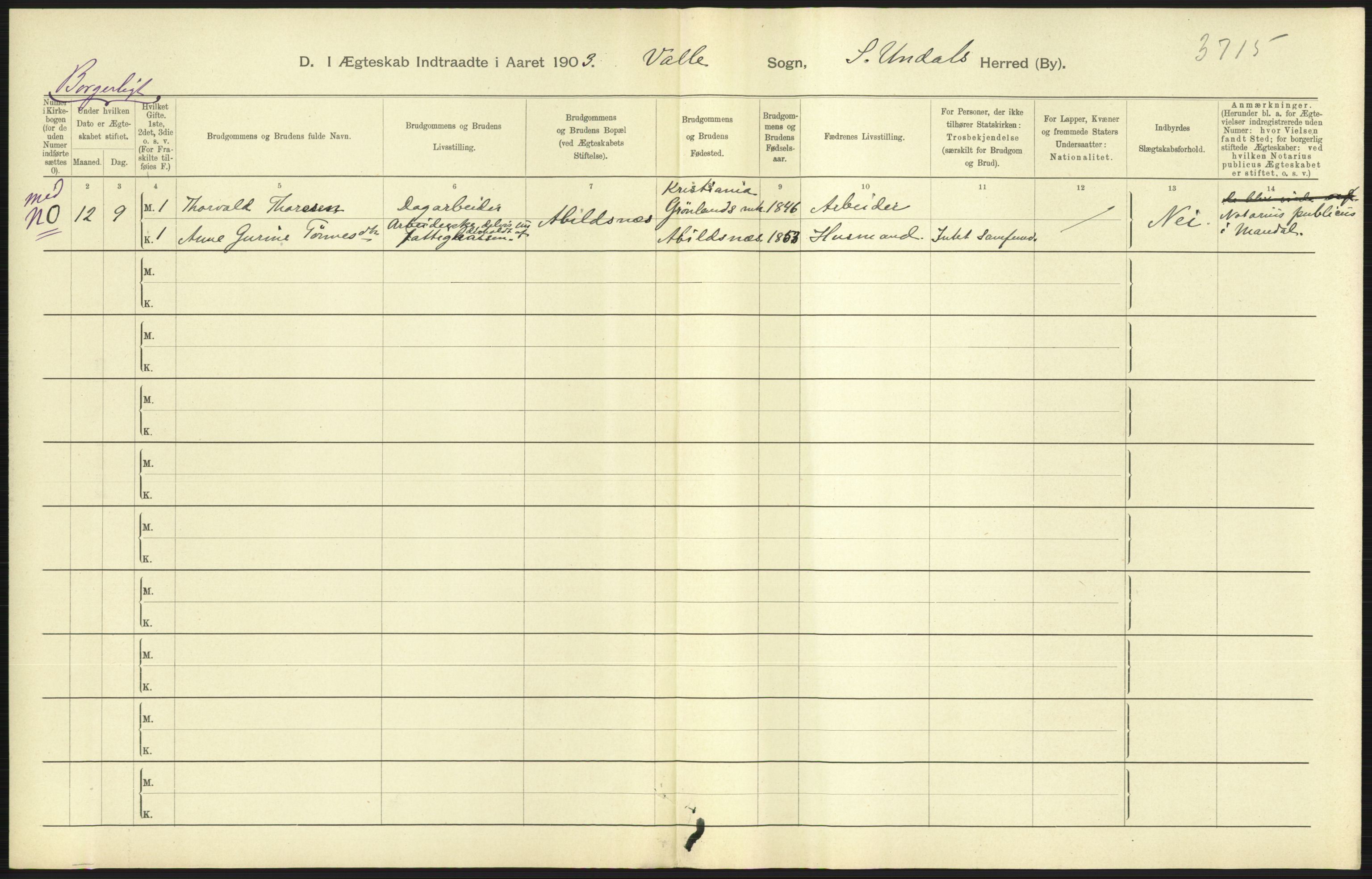 Statistisk sentralbyrå, Sosiodemografiske emner, Befolkning, AV/RA-S-2228/D/Df/Dfa/Dfaa/L0011: Lister og Mandal amt: Fødte, gifte, døde, 1903, p. 307