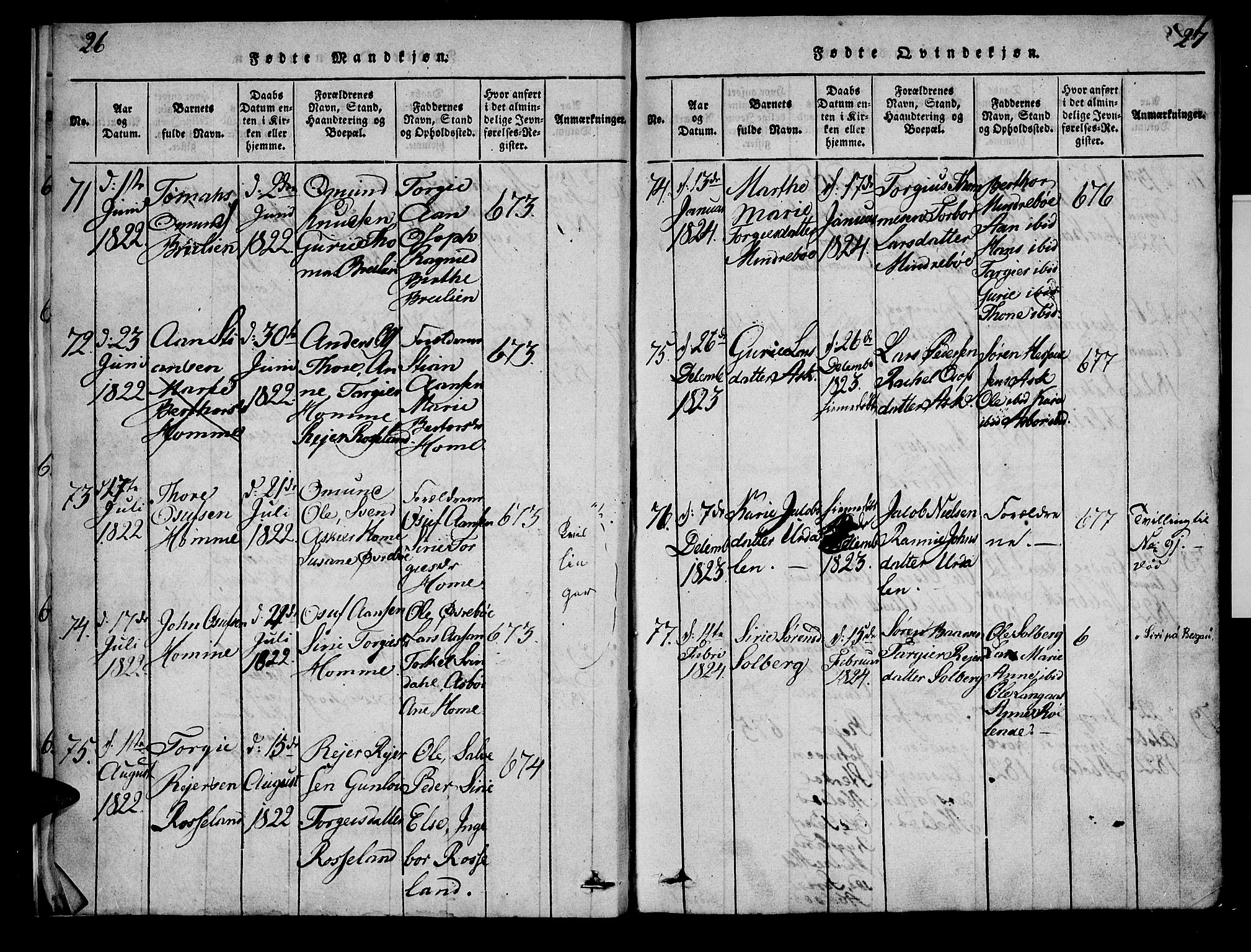 Bjelland sokneprestkontor, SAK/1111-0005/F/Fa/Faa/L0002: Parish register (official) no. A 2, 1816-1866, p. 26-27