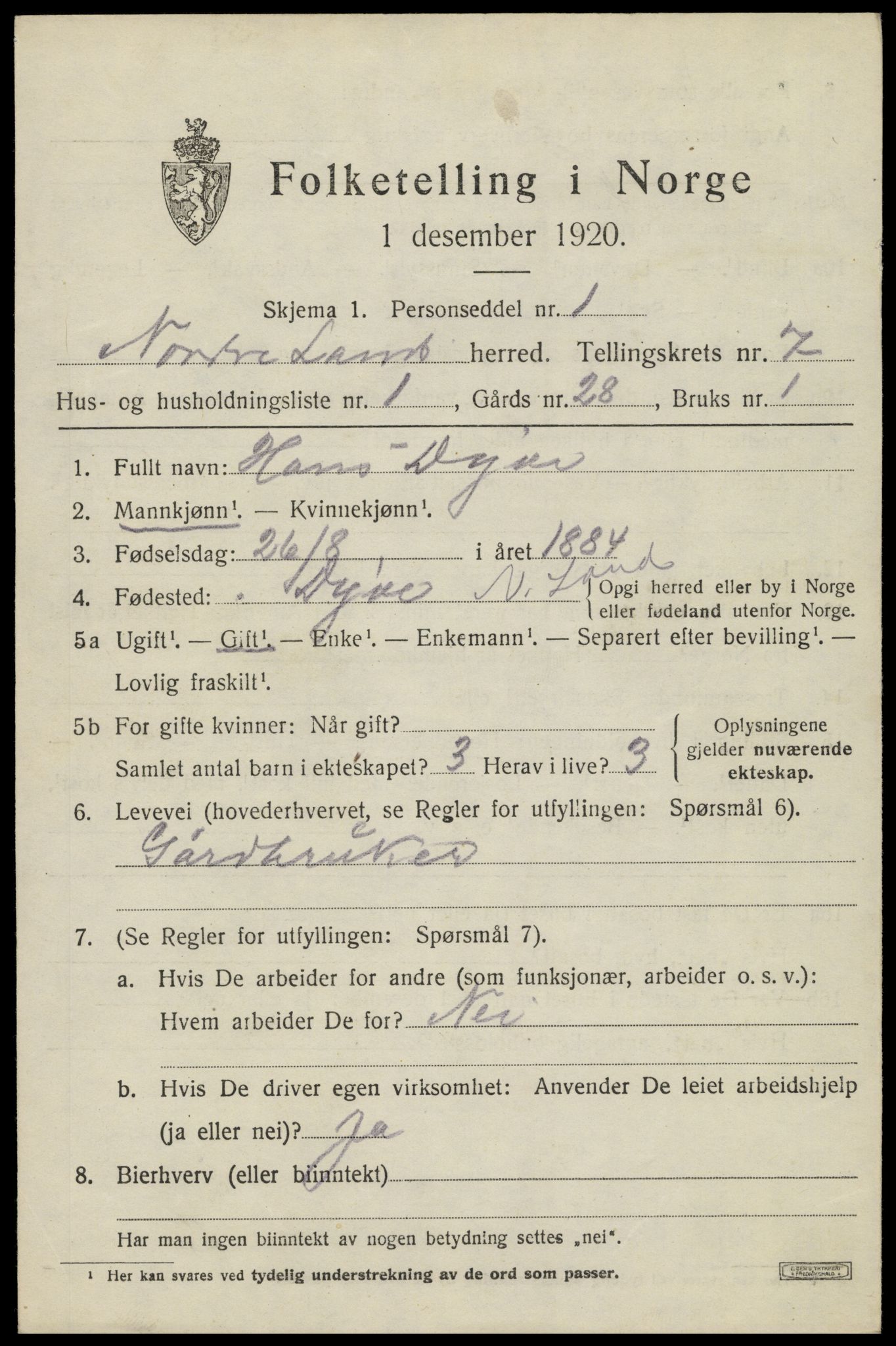 SAH, 1920 census for Nordre Land, 1920, p. 4504