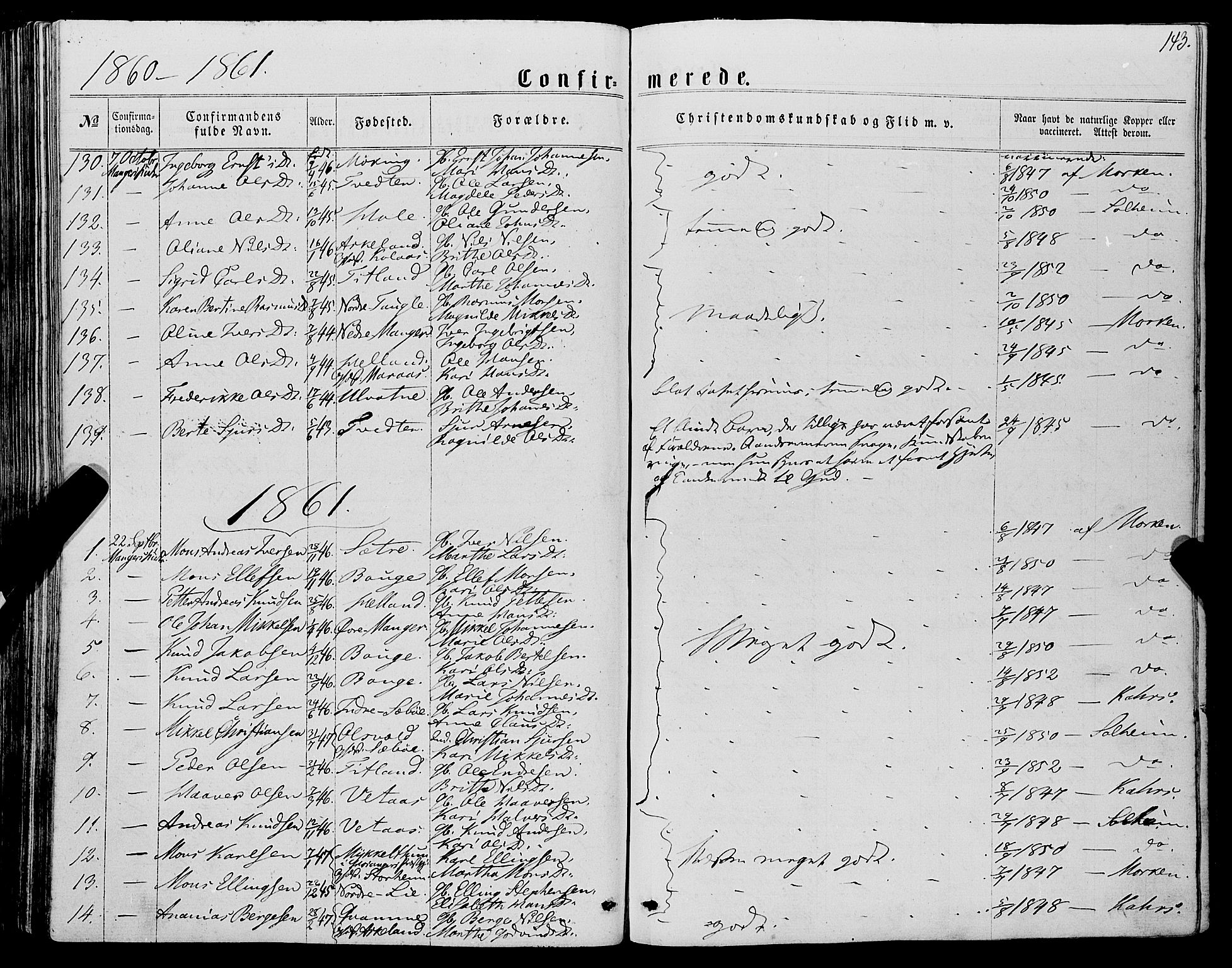 Manger sokneprestembete, SAB/A-76801/H/Haa: Parish register (official) no. A 7, 1860-1870, p. 143