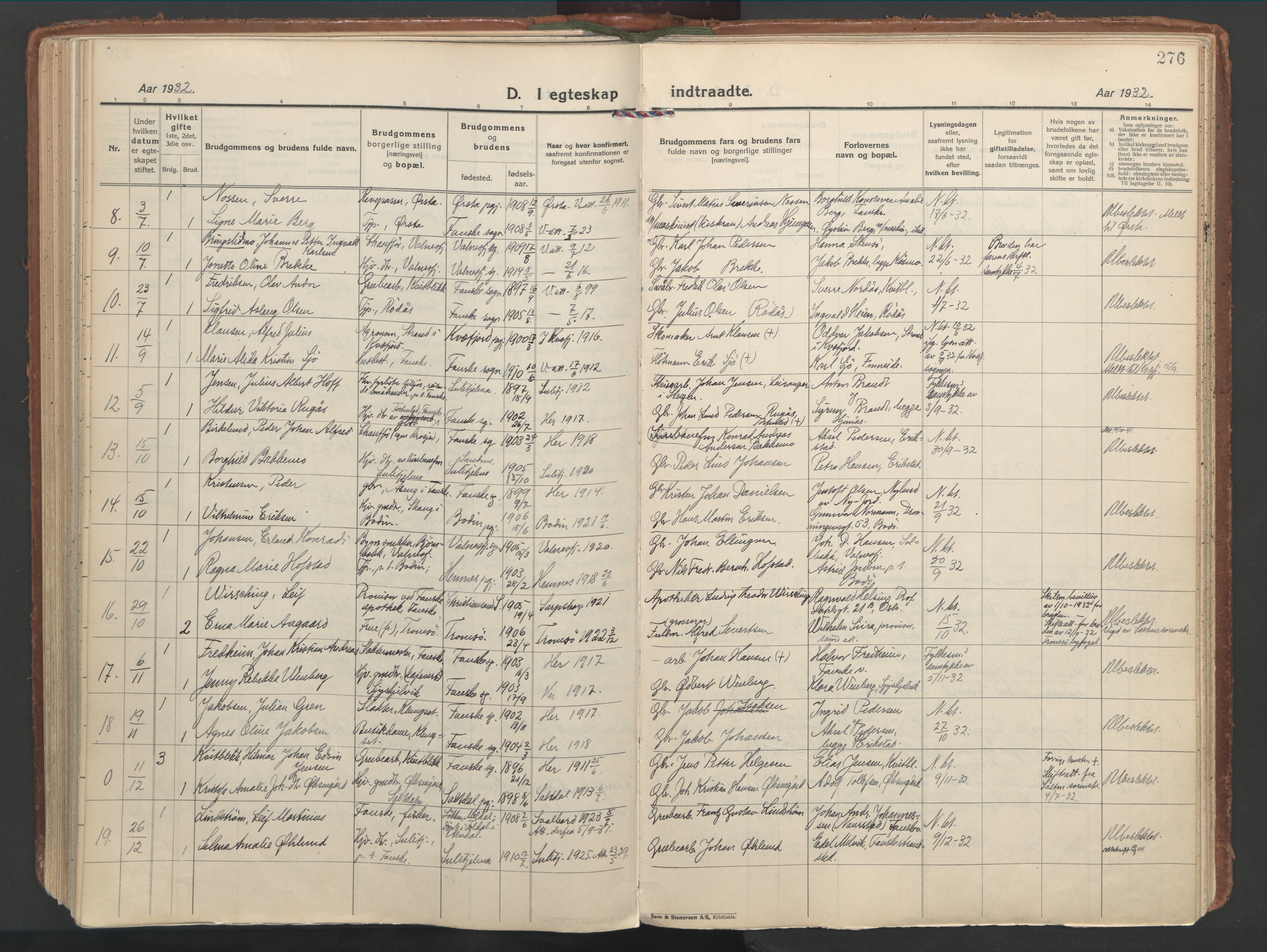 Ministerialprotokoller, klokkerbøker og fødselsregistre - Nordland, SAT/A-1459/849/L0699: Parish register (official) no. 849A10, 1924-1937, p. 276