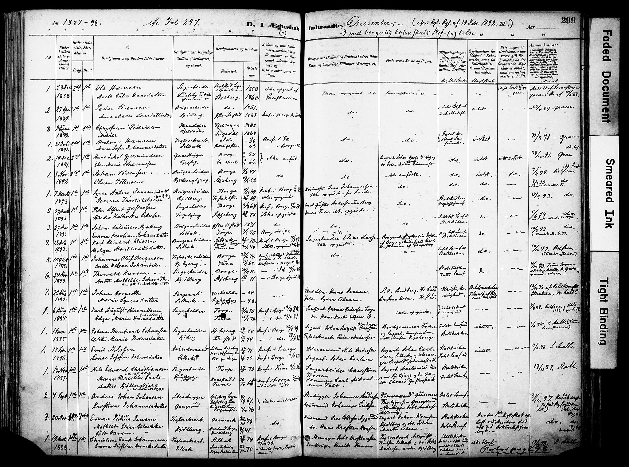 Borge prestekontor Kirkebøker, SAO/A-10903/F/Fa/L0008: Parish register (official) no. I 8B, 1887-1902, p. 299