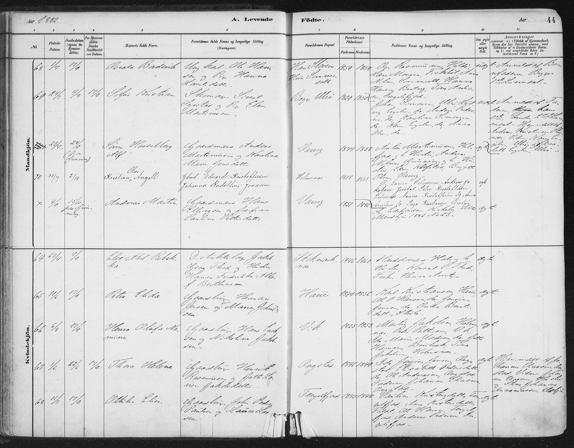 Ministerialprotokoller, klokkerbøker og fødselsregistre - Nordland, AV/SAT-A-1459/888/L1244: Parish register (official) no. 888A10, 1880-1890, p. 44