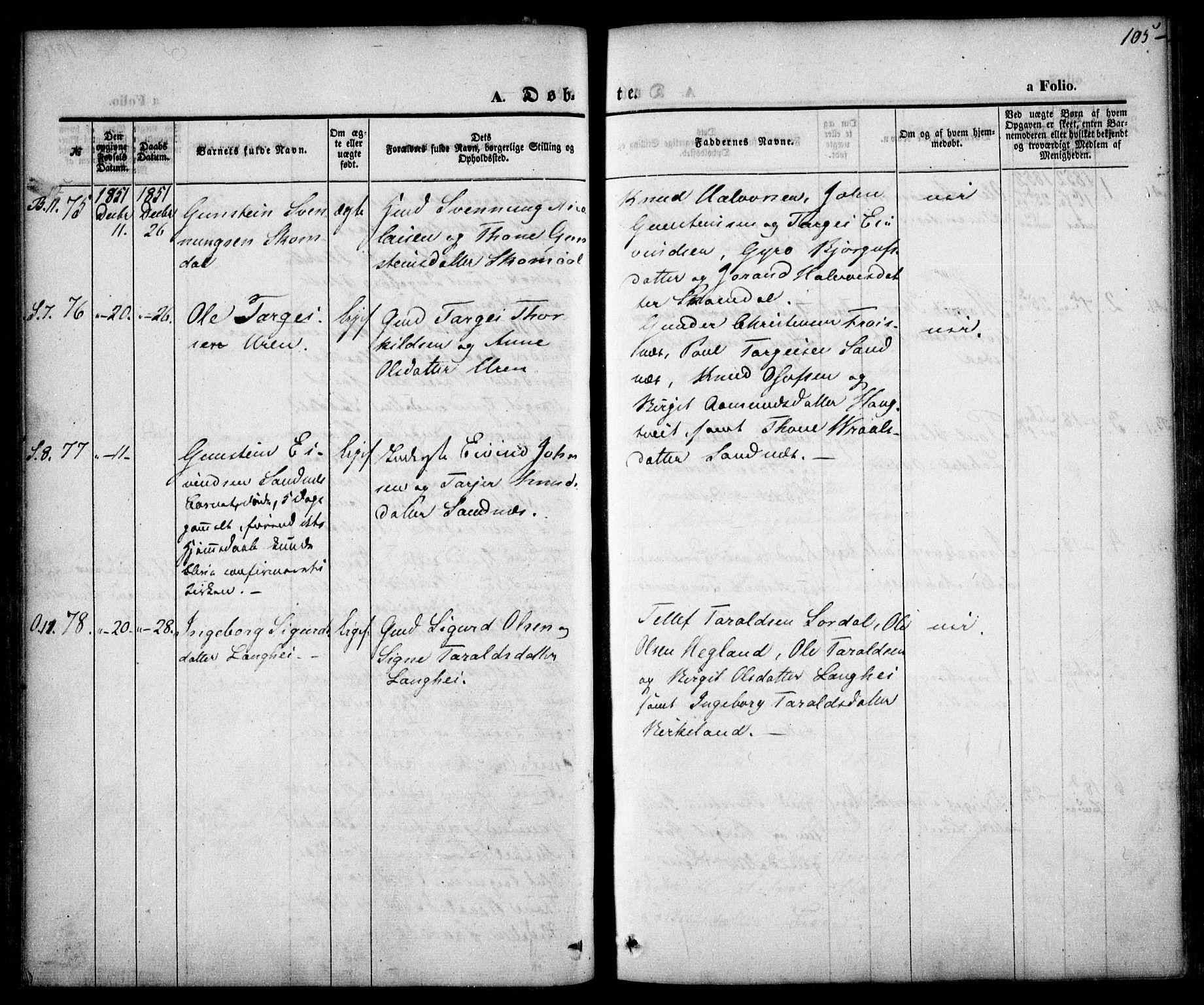 Bygland sokneprestkontor, AV/SAK-1111-0006/F/Fa/Fab/L0004: Parish register (official) no. A 4, 1842-1858, p. 105