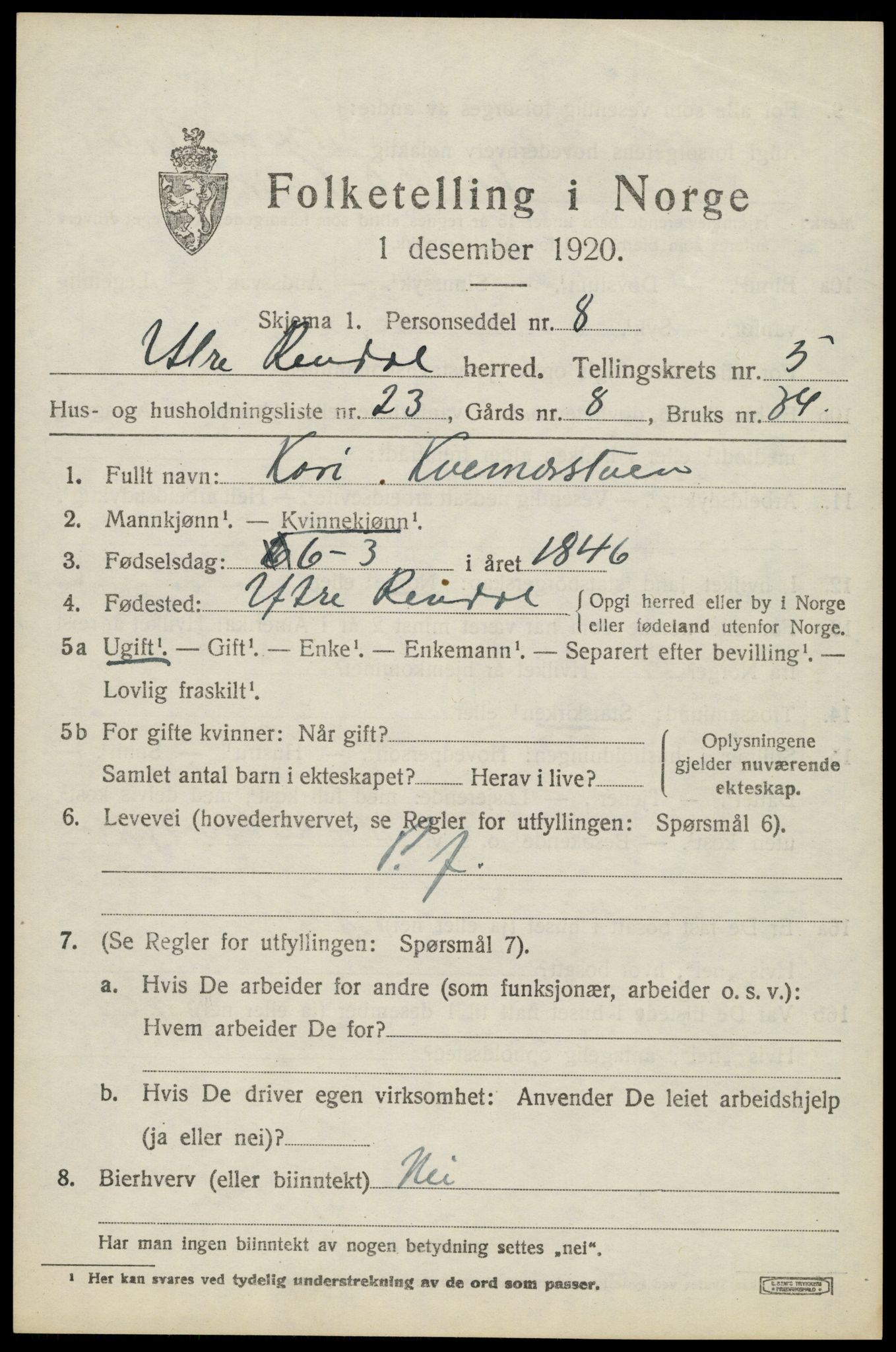 SAH, 1920 census for Ytre Rendal, 1920, p. 2909