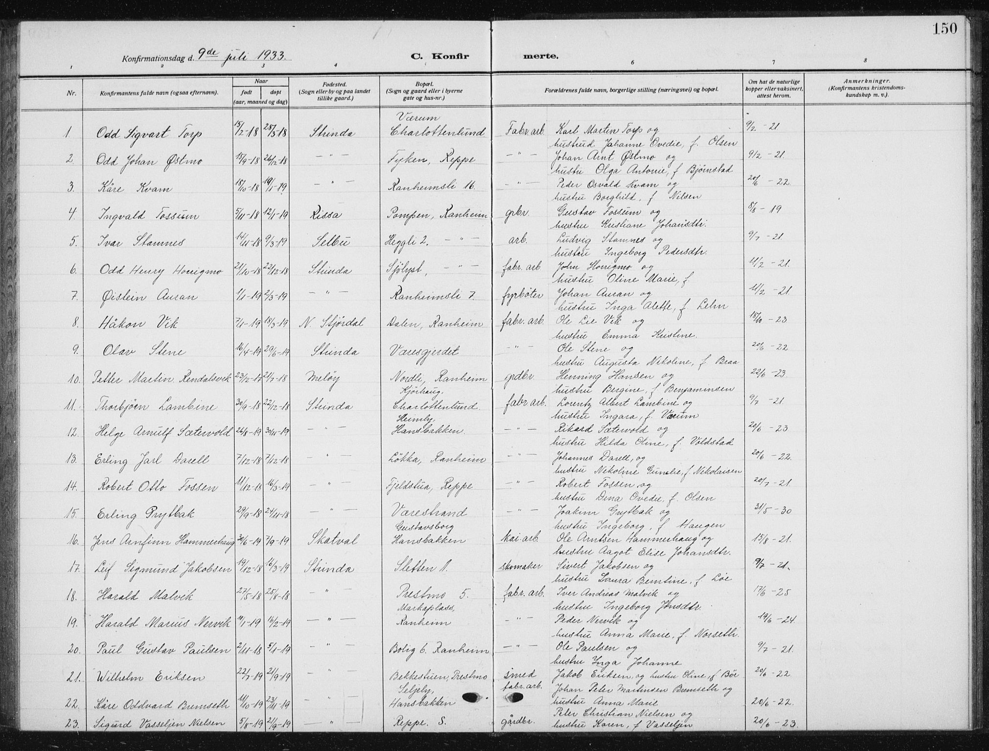 Ministerialprotokoller, klokkerbøker og fødselsregistre - Sør-Trøndelag, SAT/A-1456/615/L0401: Parish register (copy) no. 615C02, 1922-1941, p. 150