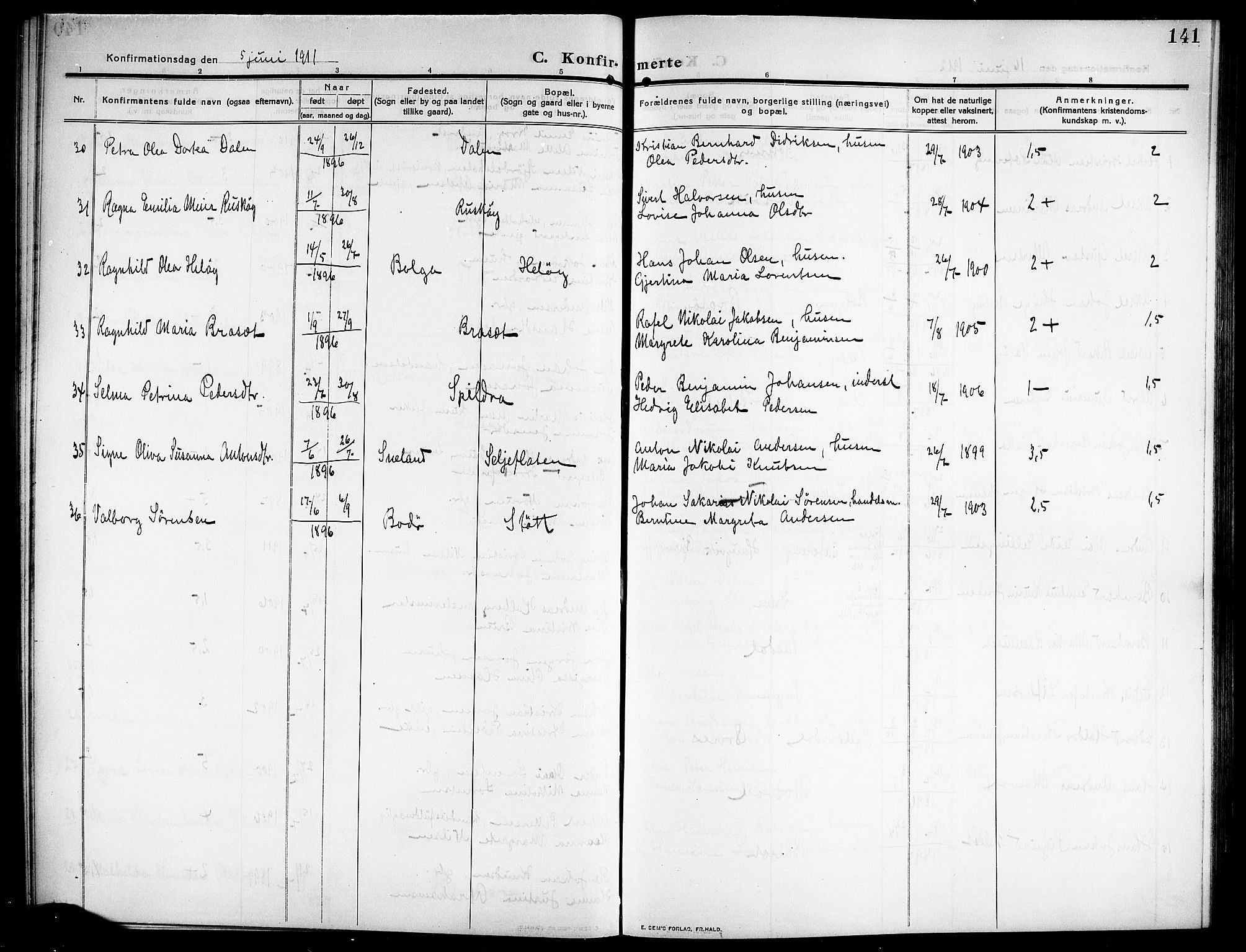 Ministerialprotokoller, klokkerbøker og fødselsregistre - Nordland, AV/SAT-A-1459/843/L0639: Parish register (copy) no. 843C08, 1908-1924, p. 141