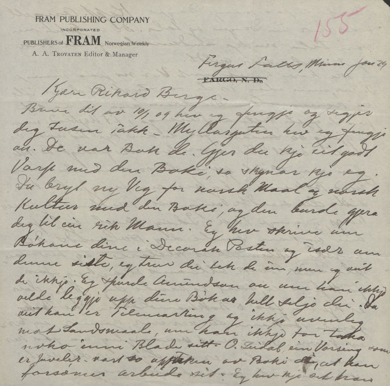 Rikard Berge, TEMU/TGM-A-1003/F/L0004/0053: 101-159 / 157 Manuskript, notatar, brev o.a. Nokre leiker, manuskript, 1906-1908, p. 155